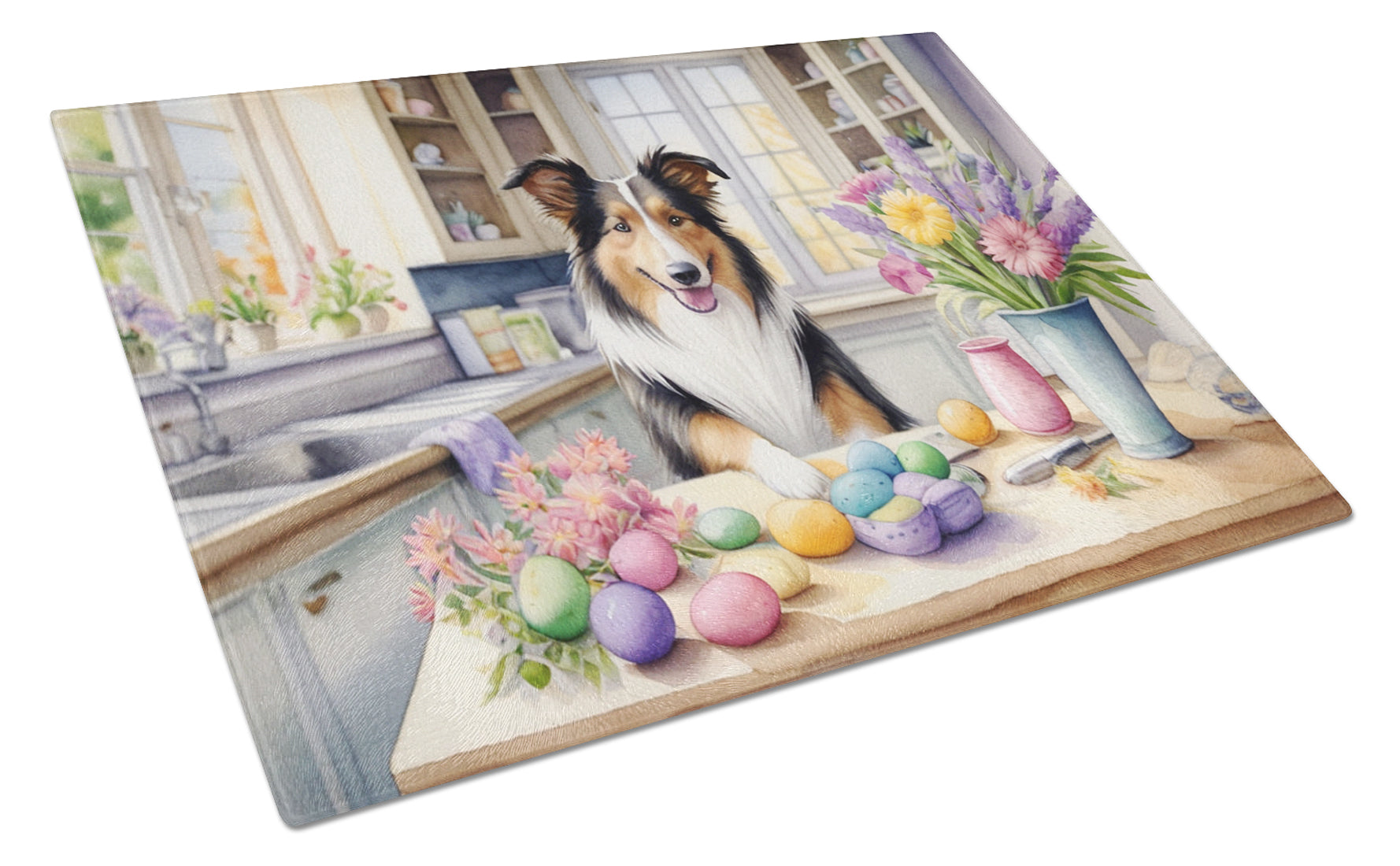 Decorating Easter Collie Cutting Board Tempered Glass Kitchen Cutting Surface, Heat Resistant Chopping, Non-Slip Feet, Food Prep & Serving