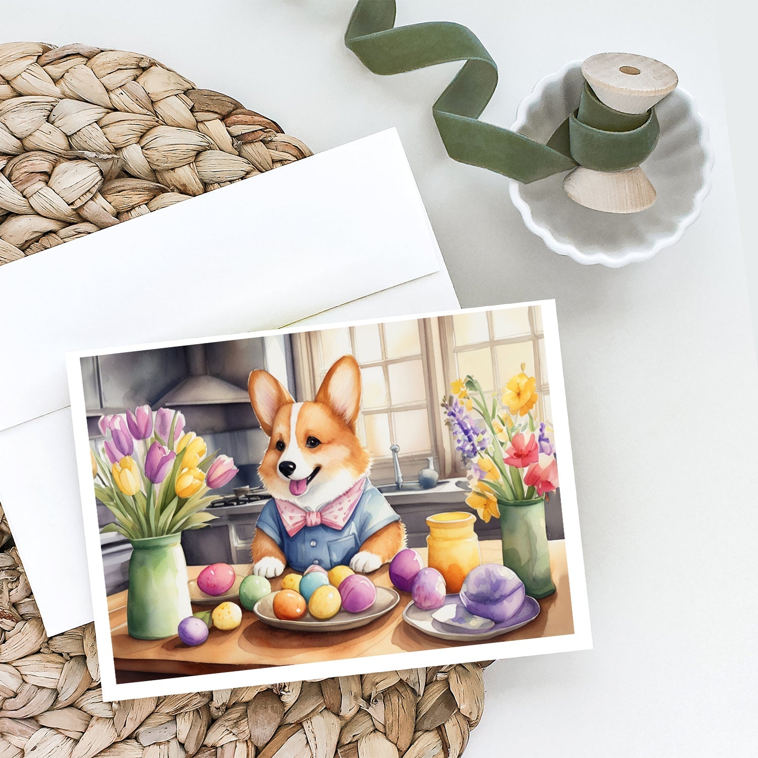 Decorating Easter Corgi Greeting Cards Pack of 8 Blank Cards with Envelopes Whimsical A7 Size 5x7