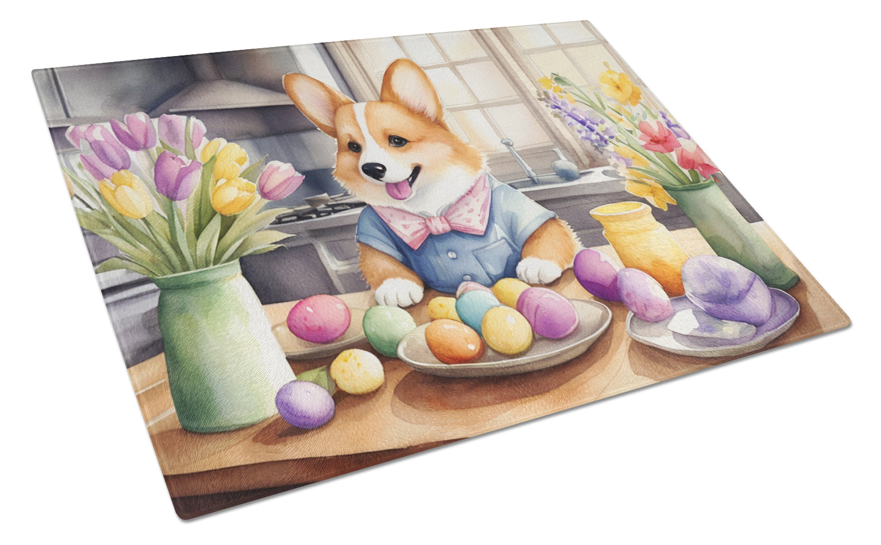 Decorating Easter Corgi Cutting Board Tempered Glass Kitchen Cutting Surface, Heat Resistant Chopping, Non-Slip Feet, Food Prep & Serving