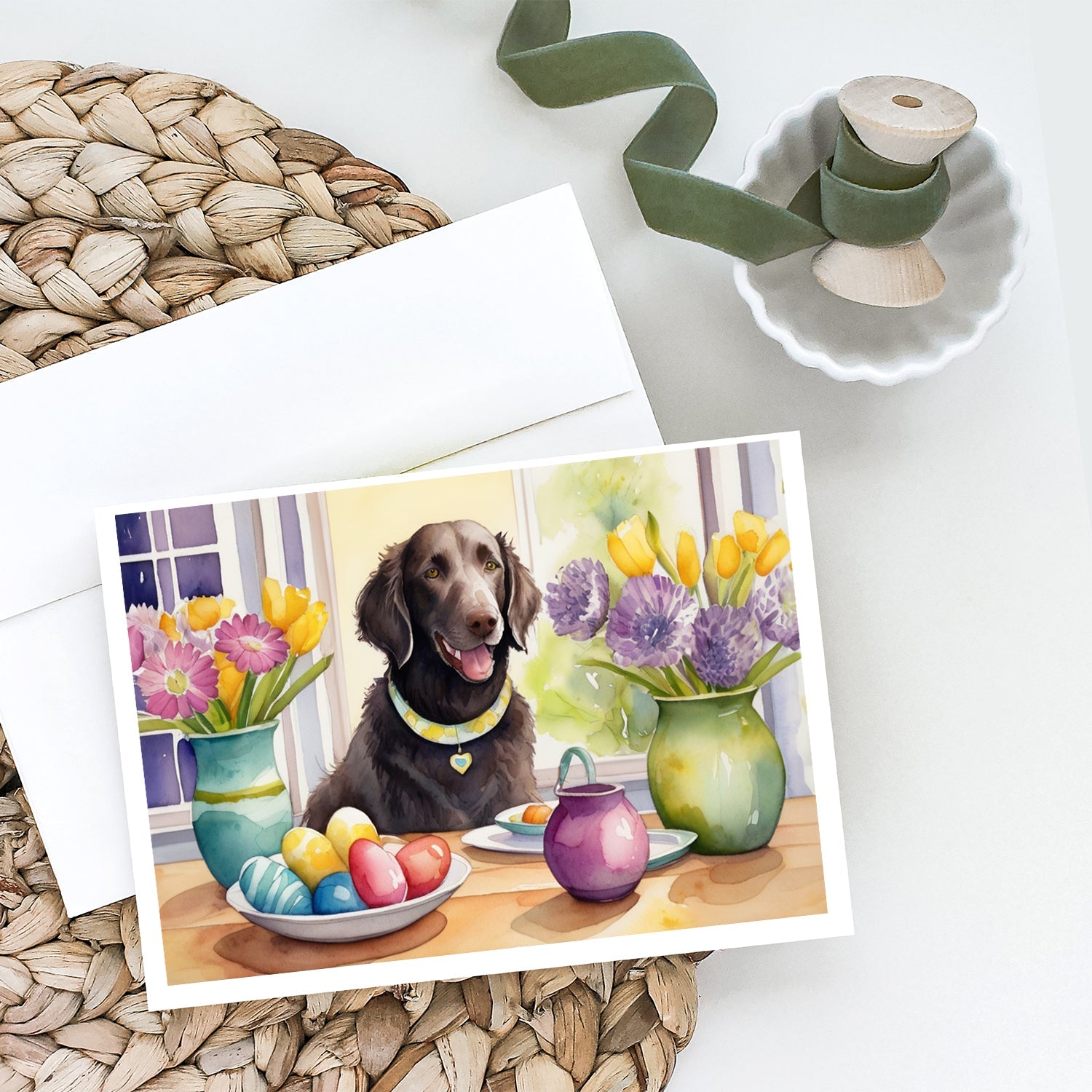 Decorating Easter Curly-Coated Retriever Greeting Cards Pack of 8 Blank Cards with Envelopes Whimsical A7 Size 5x7