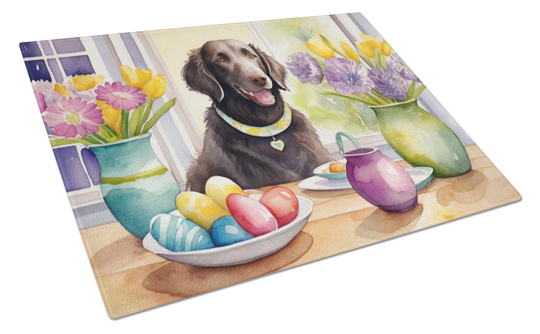 Decorating Easter Curly-Coated Retriever Cutting Board Tempered Glass Kitchen Cutting Surface, Heat Resistant Chopping, Non-Slip Feet, Food Prep & Serving