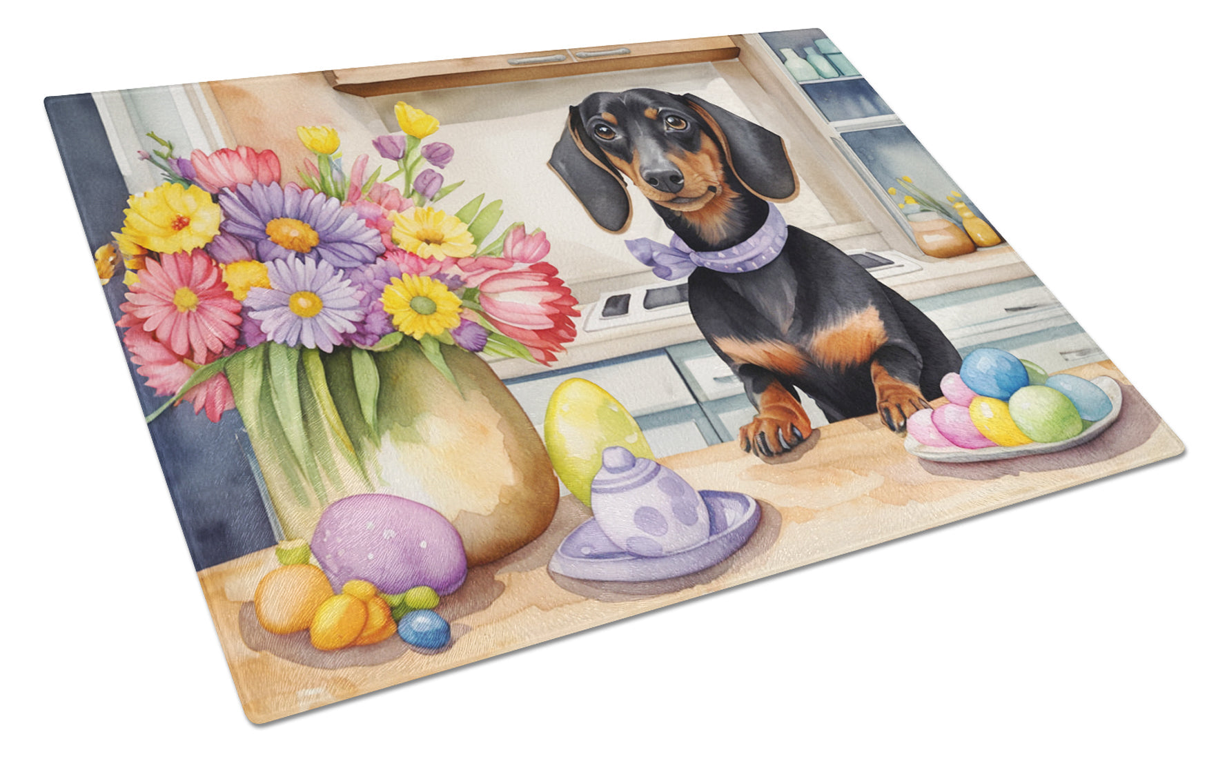 Decorating Easter Dachshund Cutting Board Tempered Glass Kitchen Cutting Surface, Heat Resistant Chopping, Non-Slip Feet, Food Prep & Serving