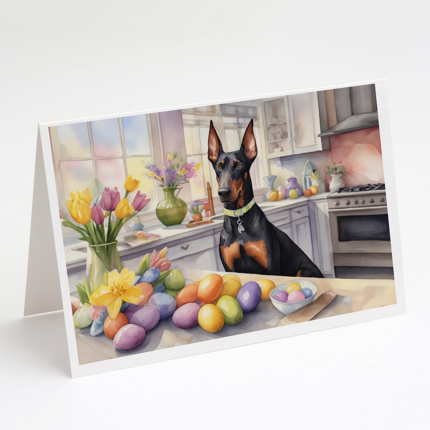 Decorating Easter Doberman Pinscher Greeting Cards Pack of 8 Blank Cards with Envelopes Whimsical A7 Size 5x7