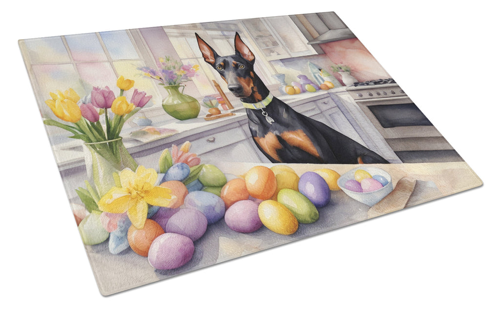 Decorating Easter Doberman Pinscher Cutting Board Tempered Glass Kitchen Cutting Surface, Heat Resistant Chopping, Non-Slip Feet, Food Prep & Serving