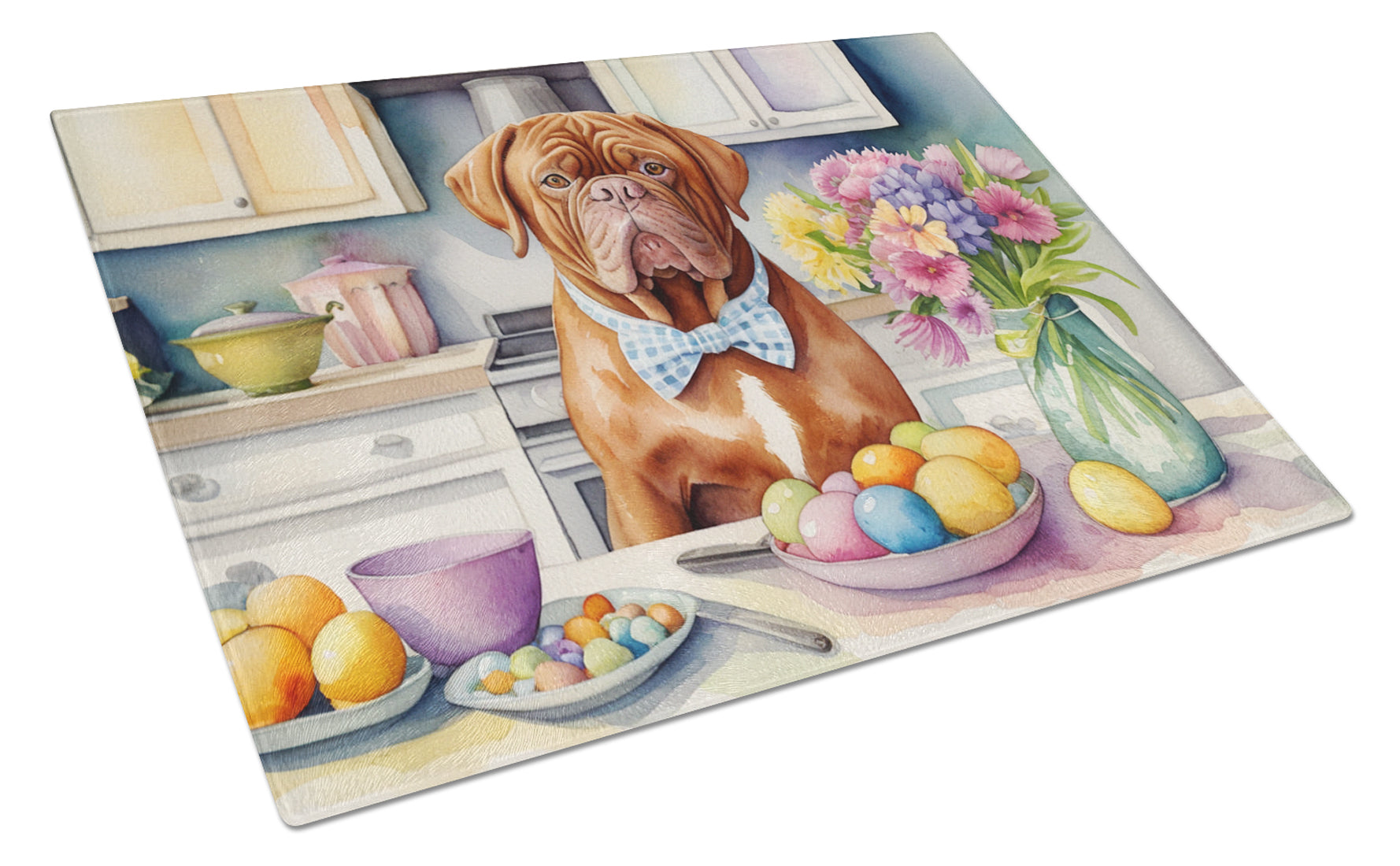 Decorating Easter Dogue de Bordeaux Cutting Board Tempered Glass Kitchen Cutting Surface, Heat Resistant Chopping, Non-Slip Feet, Food Prep & Serving
