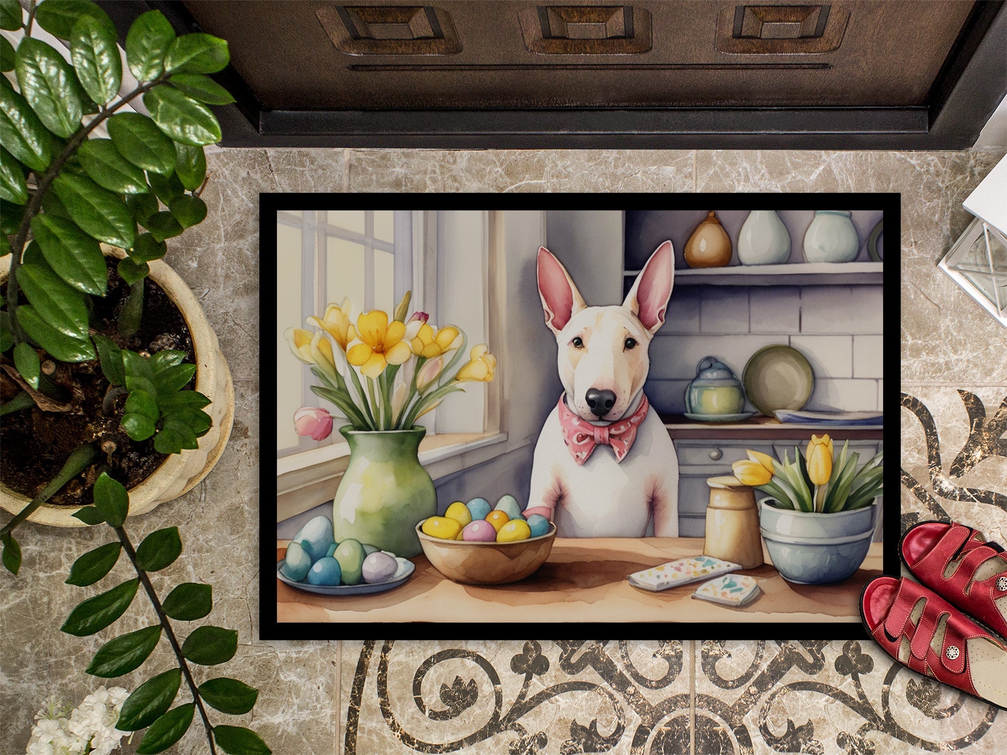 Decorating Easter English Bull Terrier Doormat Indoor Outdoor 24H X 36W Front Door Mat Rugs for Entryway, Non Slip Washable Low Pile,