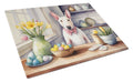 Decorating Easter English Bull Terrier Cutting Board Tempered Glass Kitchen Cutting Surface, Heat Resistant Chopping, Non-Slip Feet, Food Prep & Serving