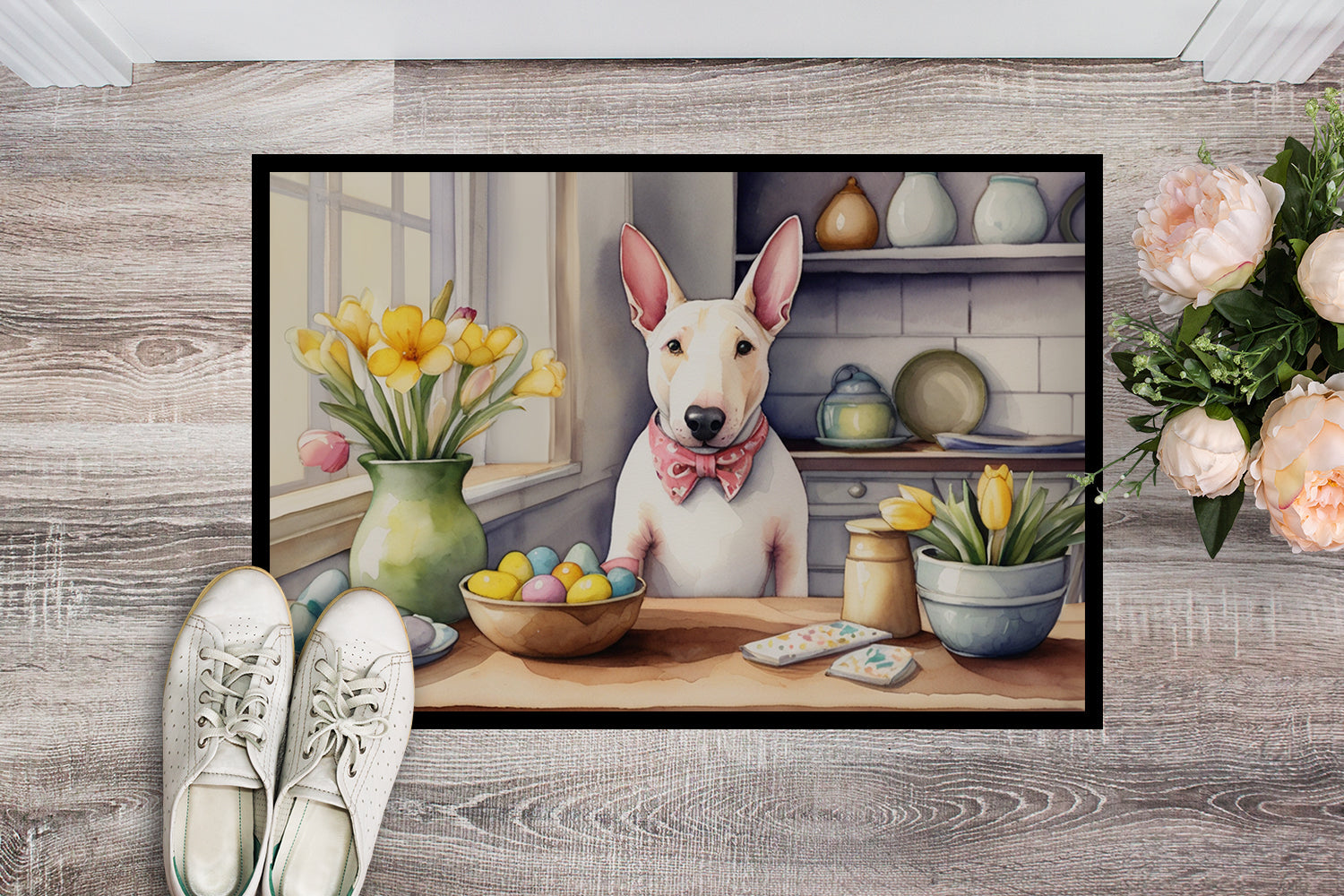 Decorating Easter English Bull Terrier Doormat Indoor Outdoor 18H X 27W Front Door Mat Rugs for Entryway, Non Slip Washable