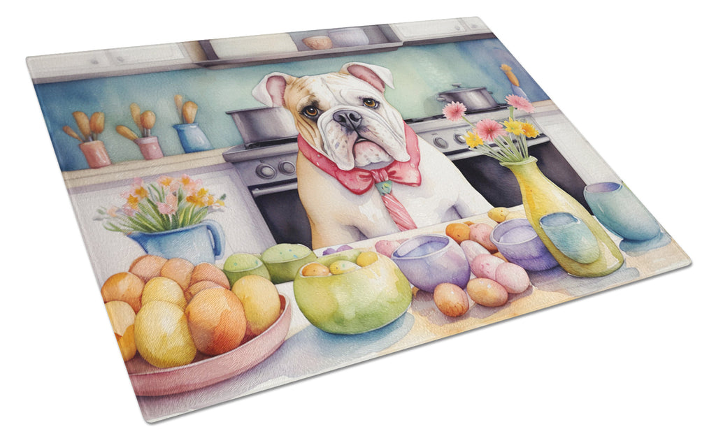 Decorating Easter English Bulldog Cutting Board Tempered Glass Kitchen Cutting Surface, Heat Resistant Chopping, Non-Slip Feet, Food Prep & Serving