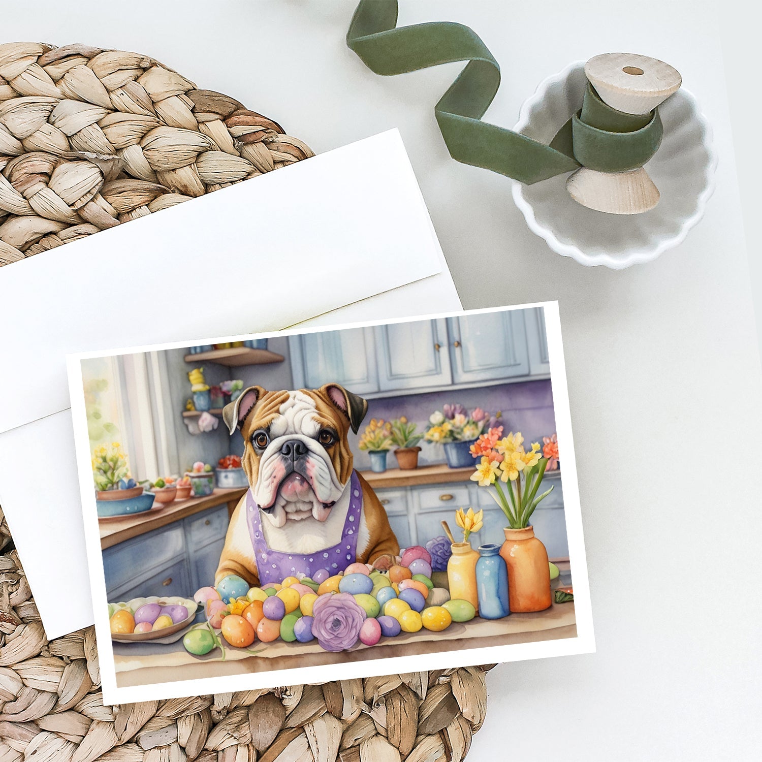 Decorating Easter English Bulldog Greeting Cards Pack of 8 Blank Cards with Envelopes Whimsical A7 Size 5x7