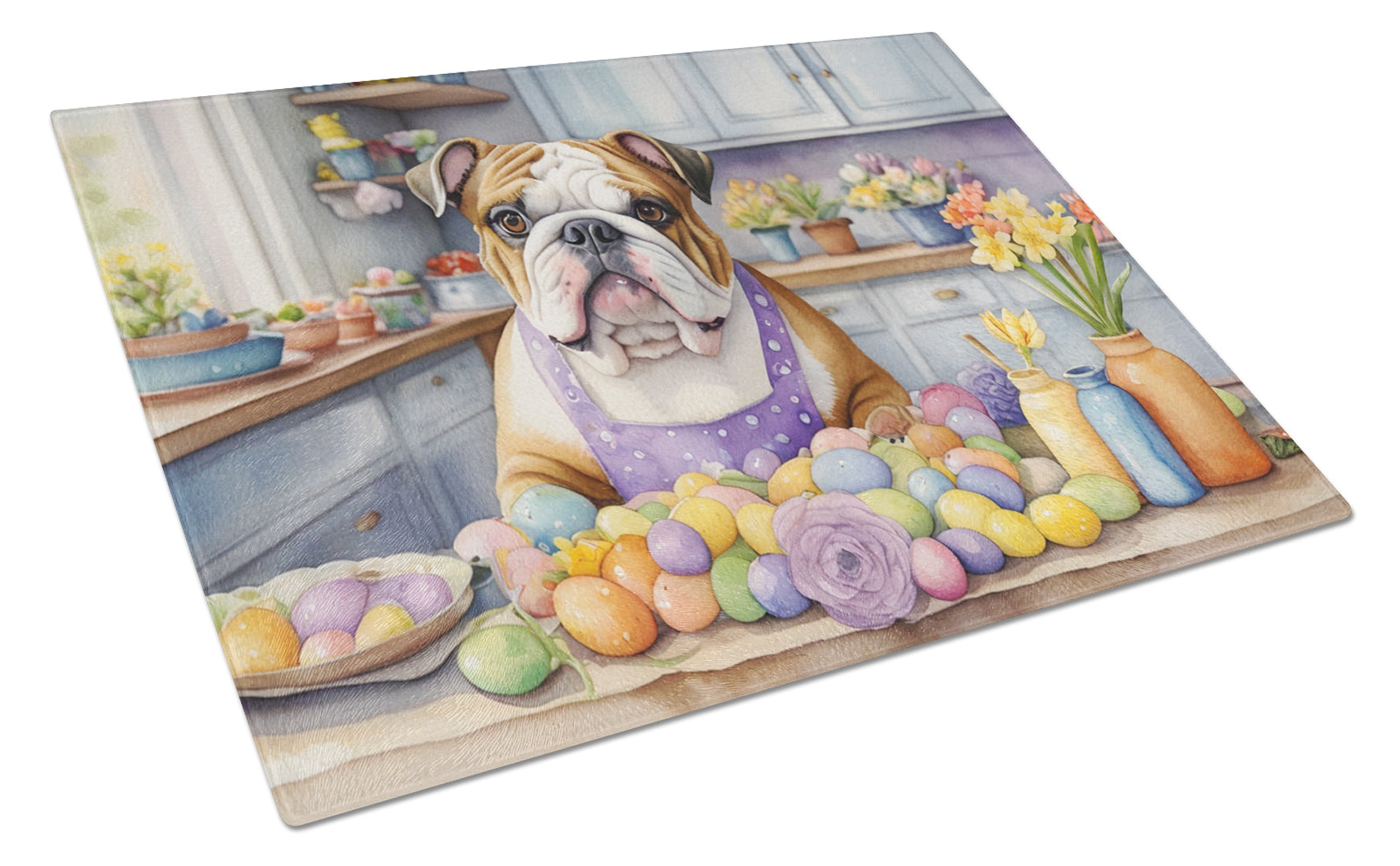 Decorating Easter English Bulldog Cutting Board Tempered Glass Kitchen Cutting Surface, Heat Resistant Chopping, Non-Slip Feet, Food Prep & Serving
