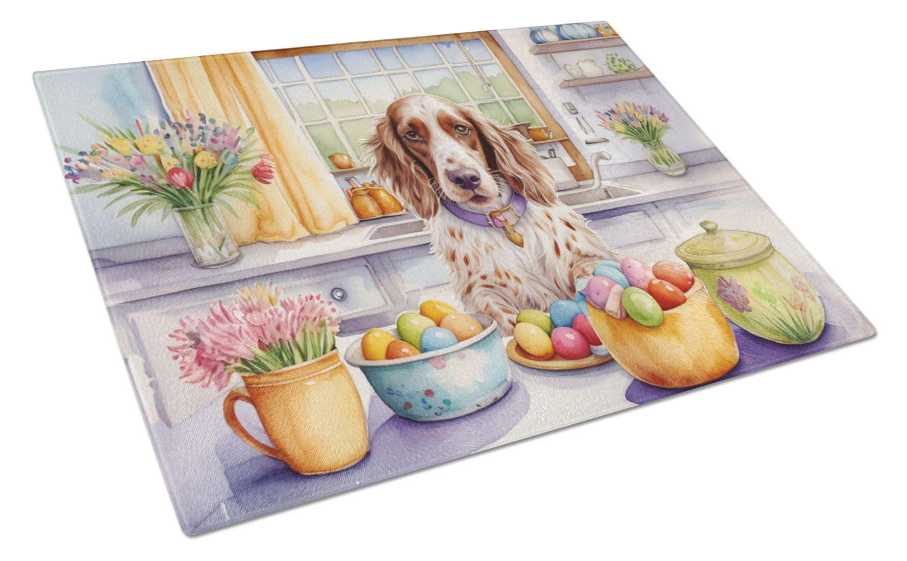 Decorating Easter English Setter Cutting Board Tempered Glass Kitchen Cutting Surface, Heat Resistant Chopping, Non-Slip Feet, Food Prep & Serving