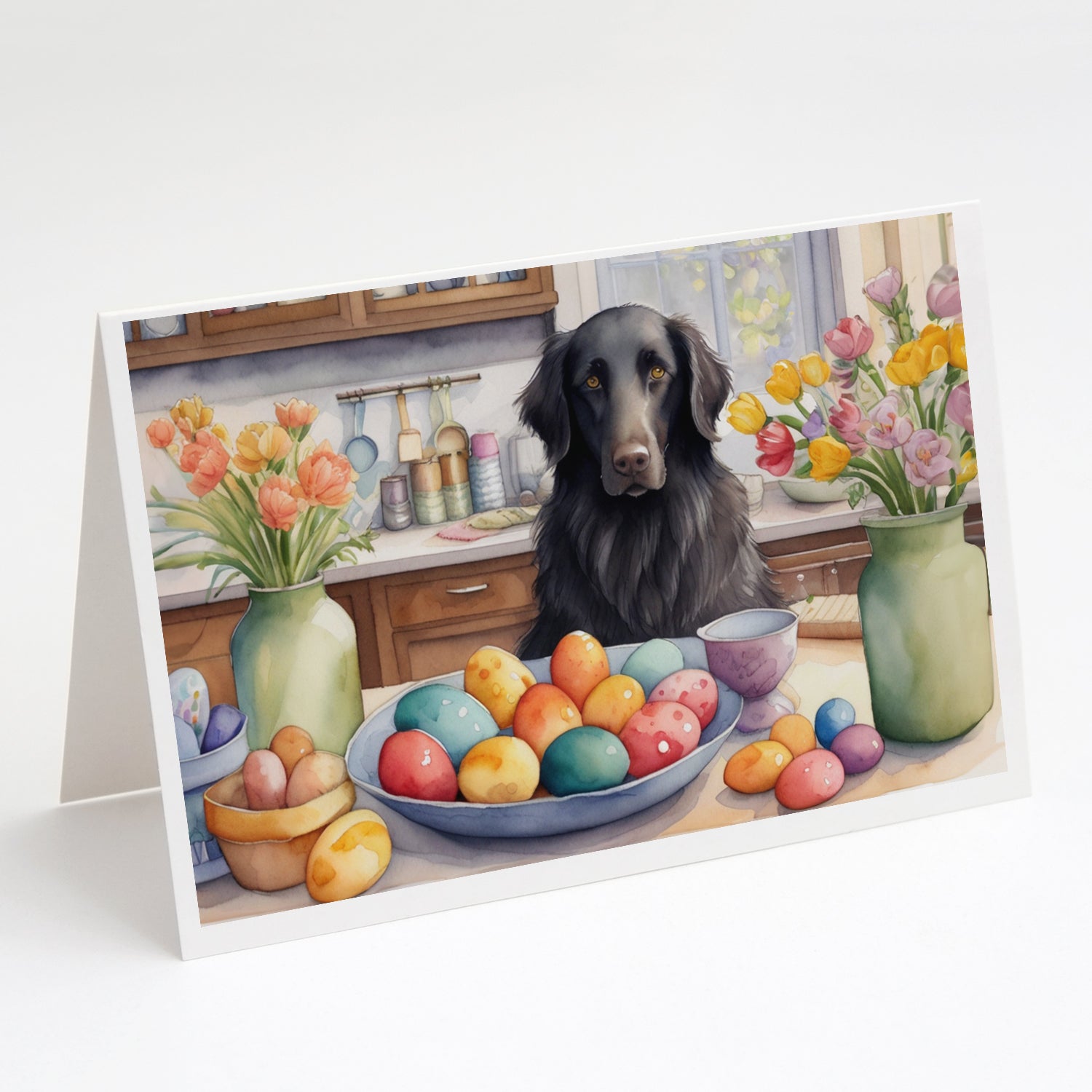 Decorating Easter Flat-Coated Retriever Greeting Cards Pack of 8 Blank Cards with Envelopes Whimsical A7 Size 5x7
