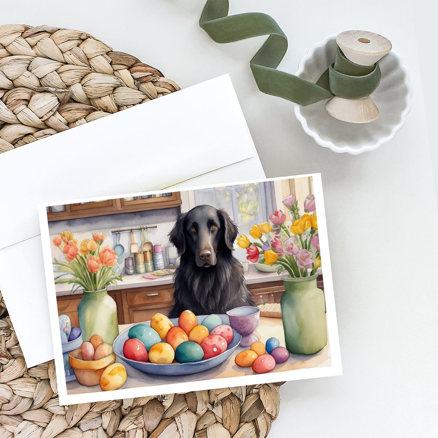 Decorating Easter Flat-Coated Retriever Greeting Cards Pack of 8 Blank Cards with Envelopes Whimsical A7 Size 5x7