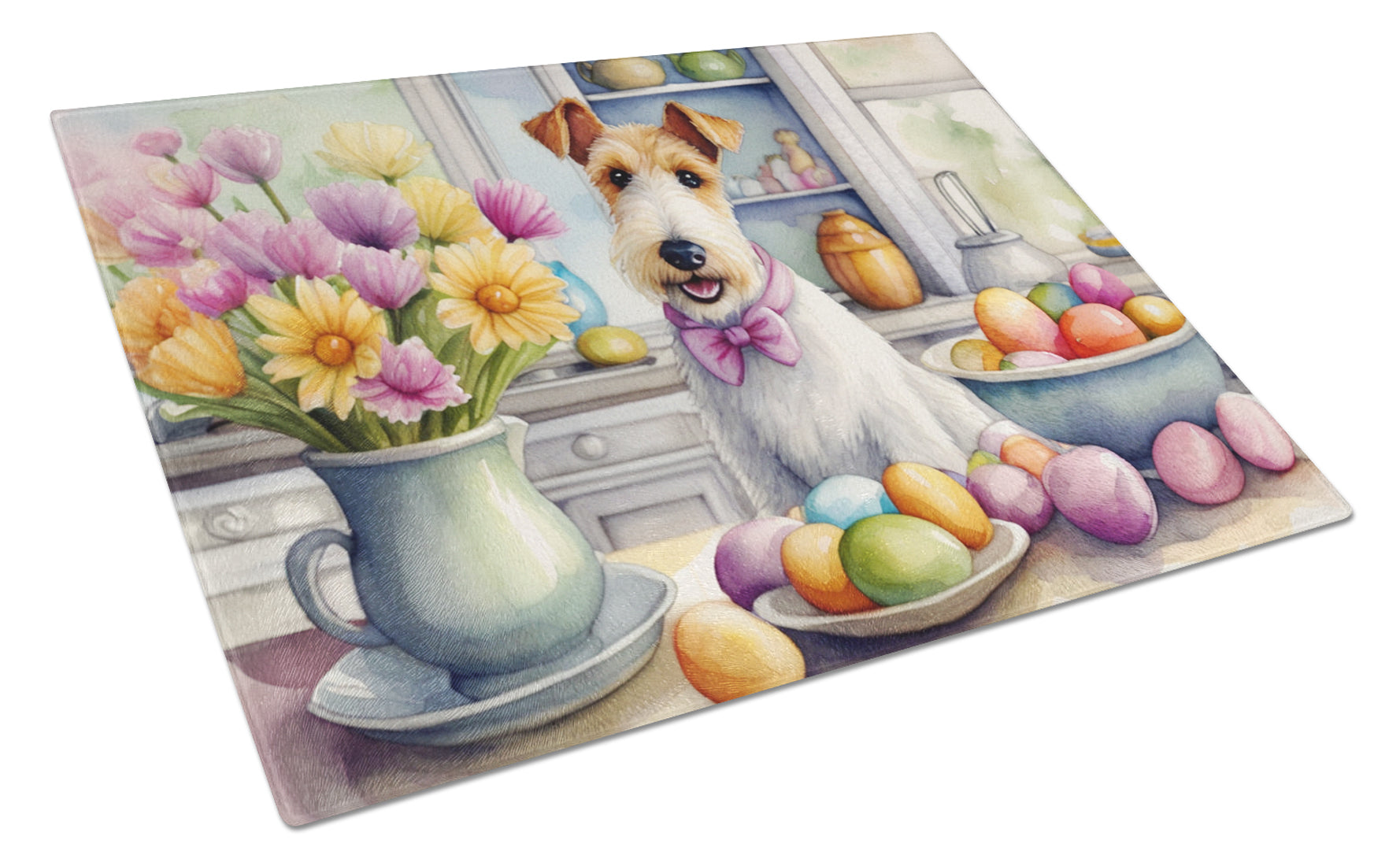 Decorating Easter Fox Terrier Cutting Board Tempered Glass Kitchen Cutting Surface, Heat Resistant Chopping, Non-Slip Feet, Food Prep & Serving