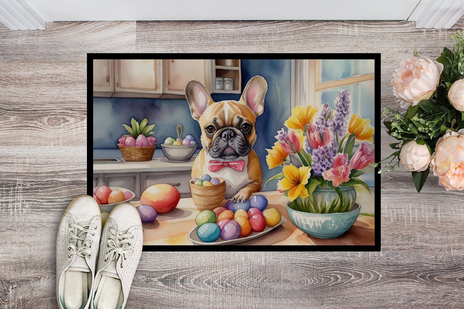 Decorating Easter French Bulldog Doormat Indoor Outdoor 24H X 36W Front Door Mat Rugs for Entryway, Non Slip Washable Low Pile,
