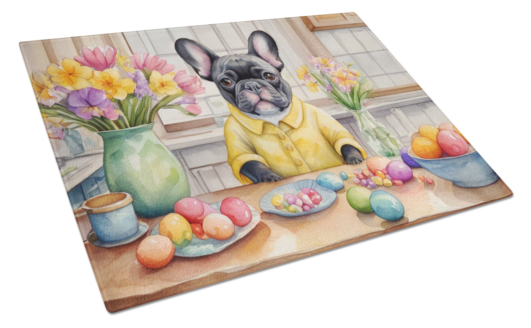 Decorating Easter French Bulldog Cutting Board Tempered Glass Kitchen Cutting Surface, Heat Resistant Chopping, Non-Slip Feet, Food Prep & Serving