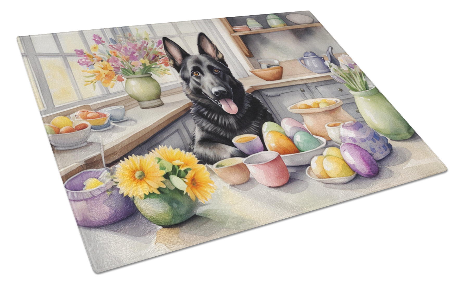 Decorating Easter German Shepherd Cutting Board Tempered Glass Kitchen Cutting Surface, Heat Resistant Chopping, Non-Slip Feet, Food Prep & Serving