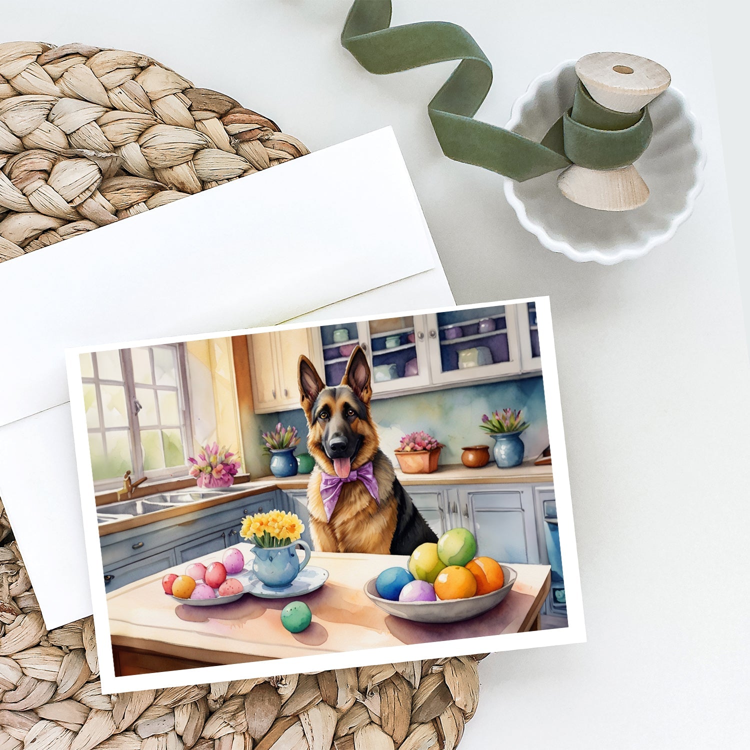 Decorating Easter German Shepherd Greeting Cards Pack of 8 Blank Cards with Envelopes Whimsical A7 Size 5x7