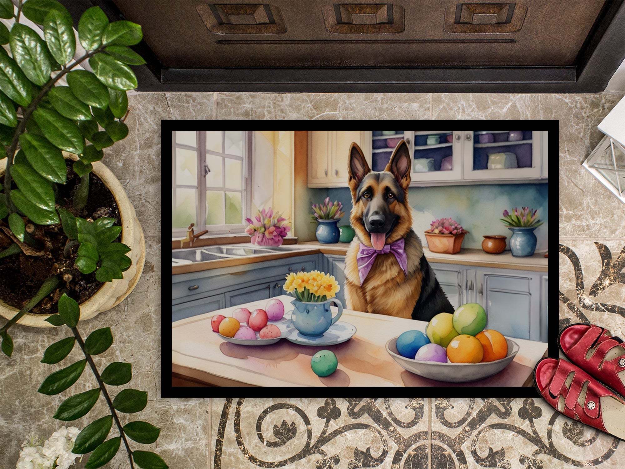 Decorating Easter German Shepherd Doormat Indoor Outdoor 24H X 36W Front Door Mat Rugs for Entryway, Non Slip Washable Low Pile,
