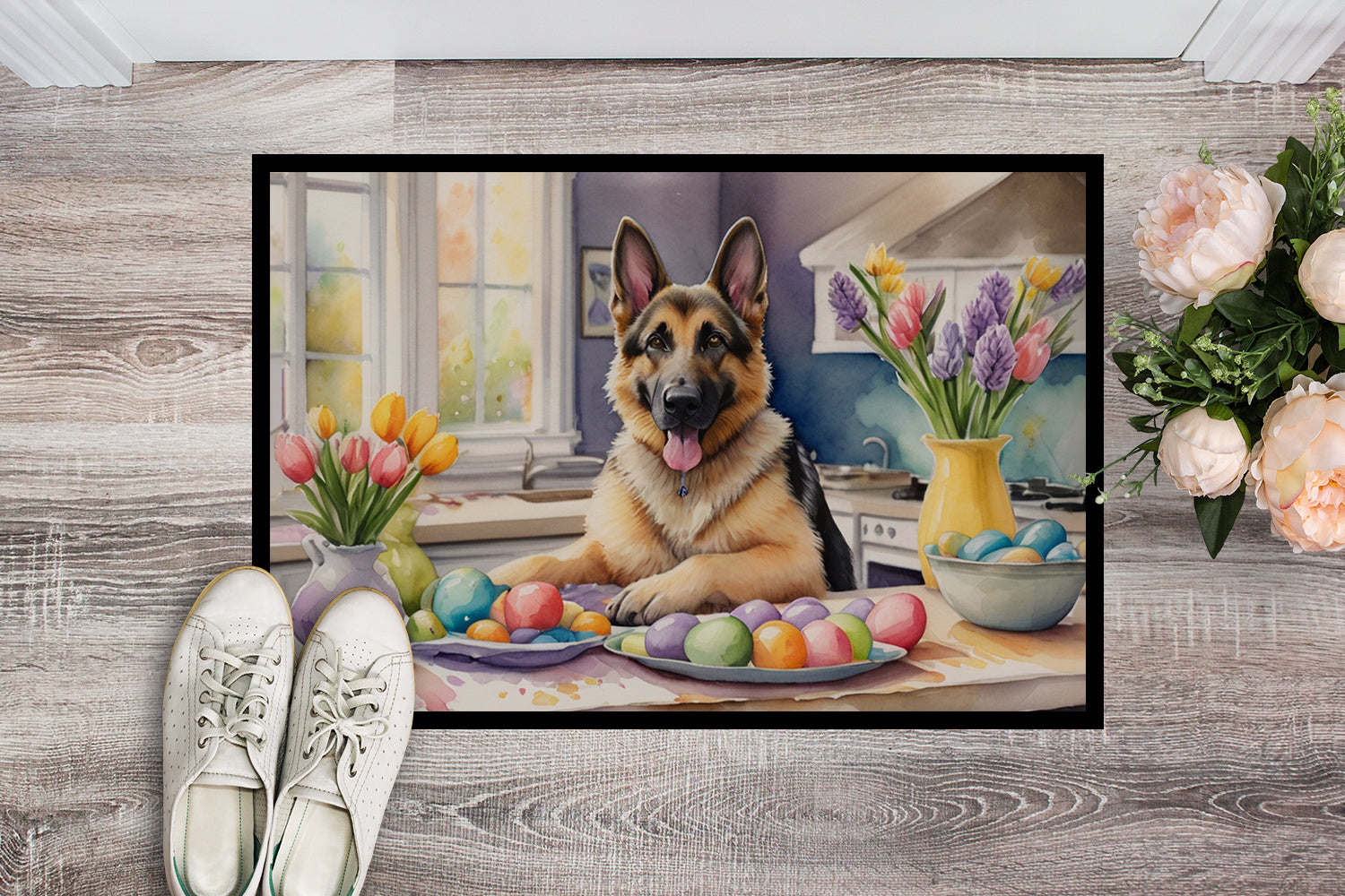 Decorating Easter German Shepherd Doormat Indoor Outdoor 24H X 36W Front Door Mat Rugs for Entryway, Non Slip Washable Low Pile,
