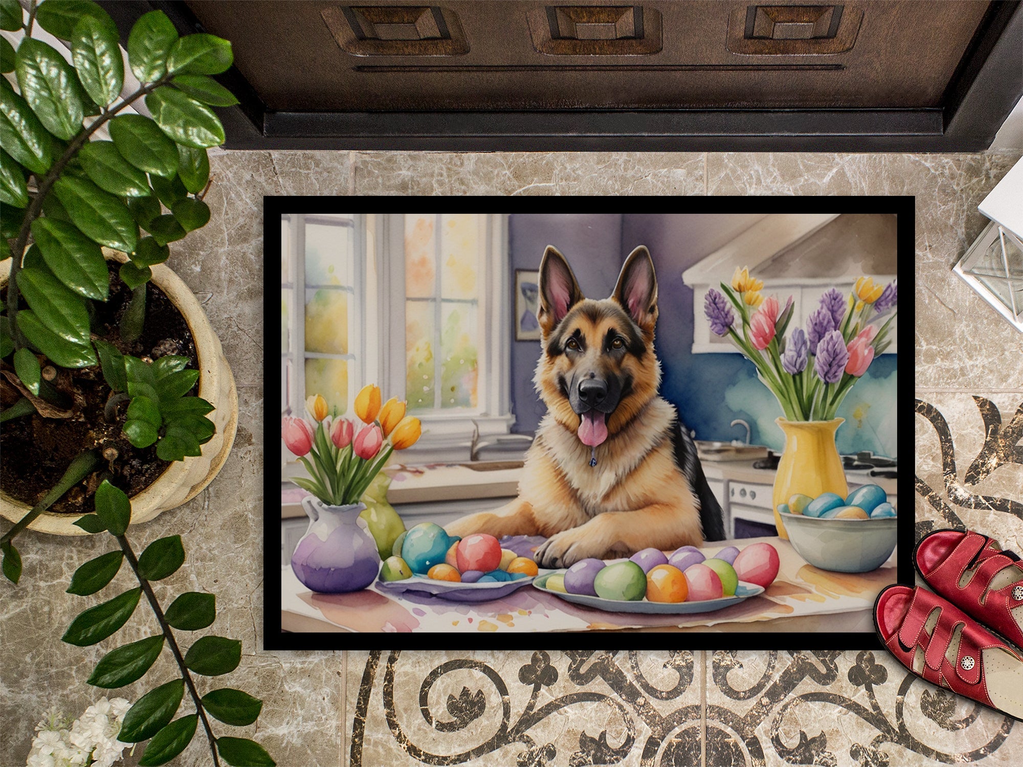 Decorating Easter German Shepherd Doormat Indoor Outdoor 18H X 27W Front Door Mat Rugs for Entryway, Non Slip Washable