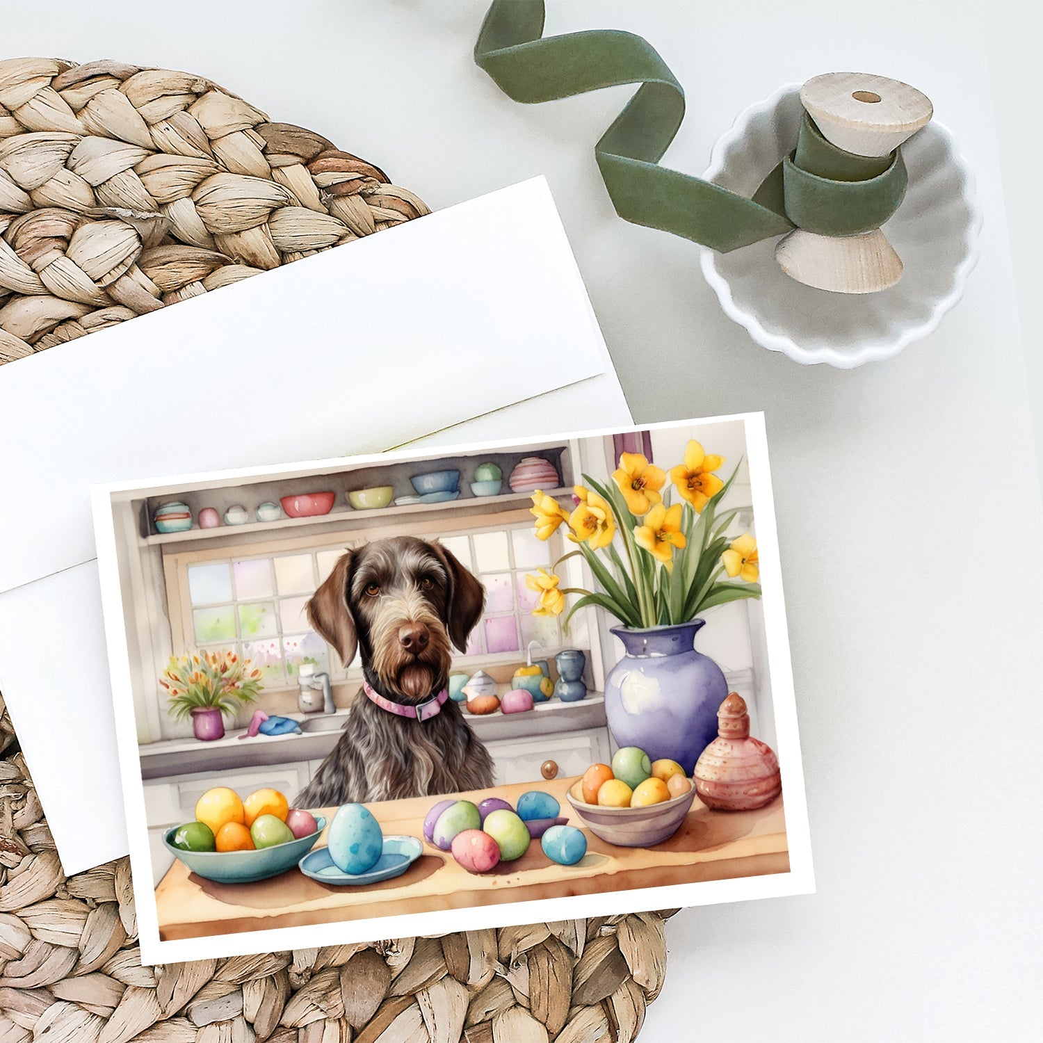Decorating Easter German Wirehaired Pointer Greeting Cards Pack of 8 Blank Cards with Envelopes Whimsical A7 Size 5x7