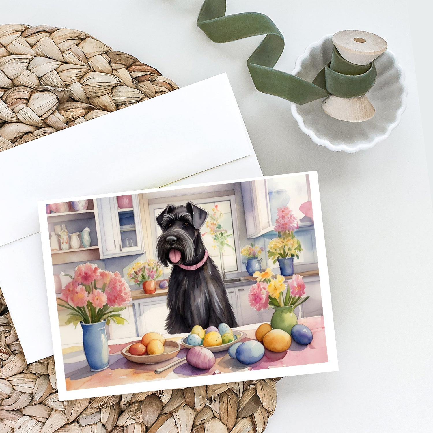 Decorating Easter Giant Schnauzer Greeting Cards Pack of 8 Blank Cards with Envelopes Whimsical A7 Size 5x7