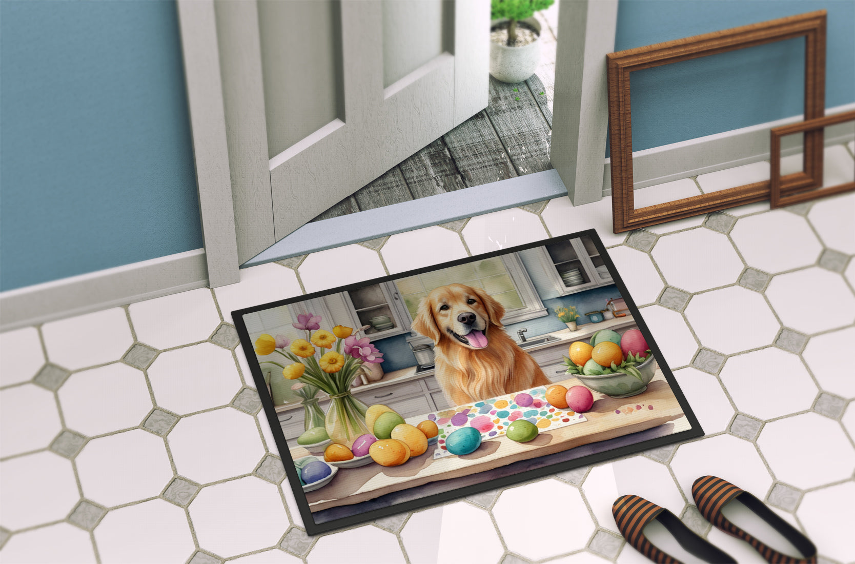 Decorating Easter Golden Retriever Doormat Indoor Outdoor 18H X 27W Front Door Mat Rugs for Entryway, Non Slip Washable