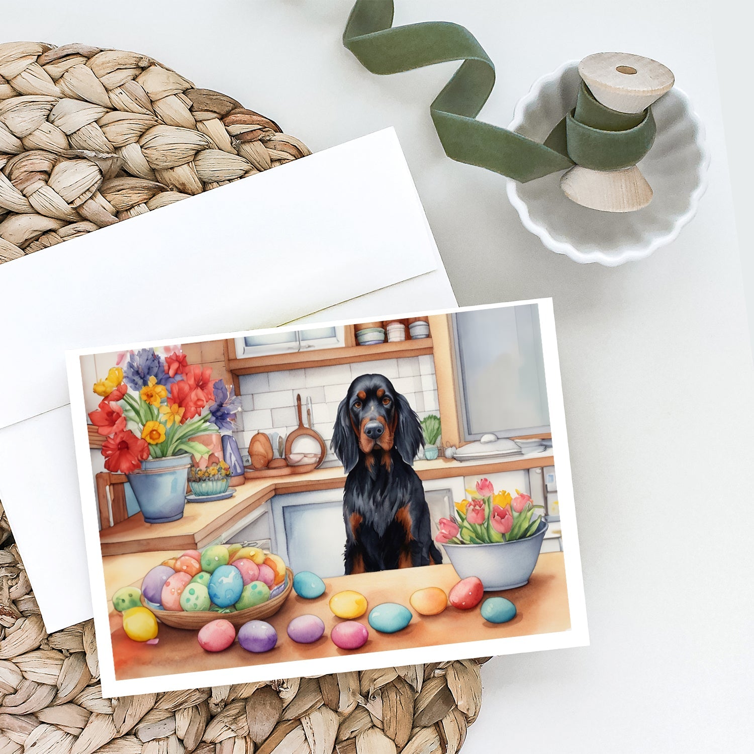 Decorating Easter Gordon Setter Greeting Cards Pack of 8 Blank Cards with Envelopes Whimsical A7 Size 5x7