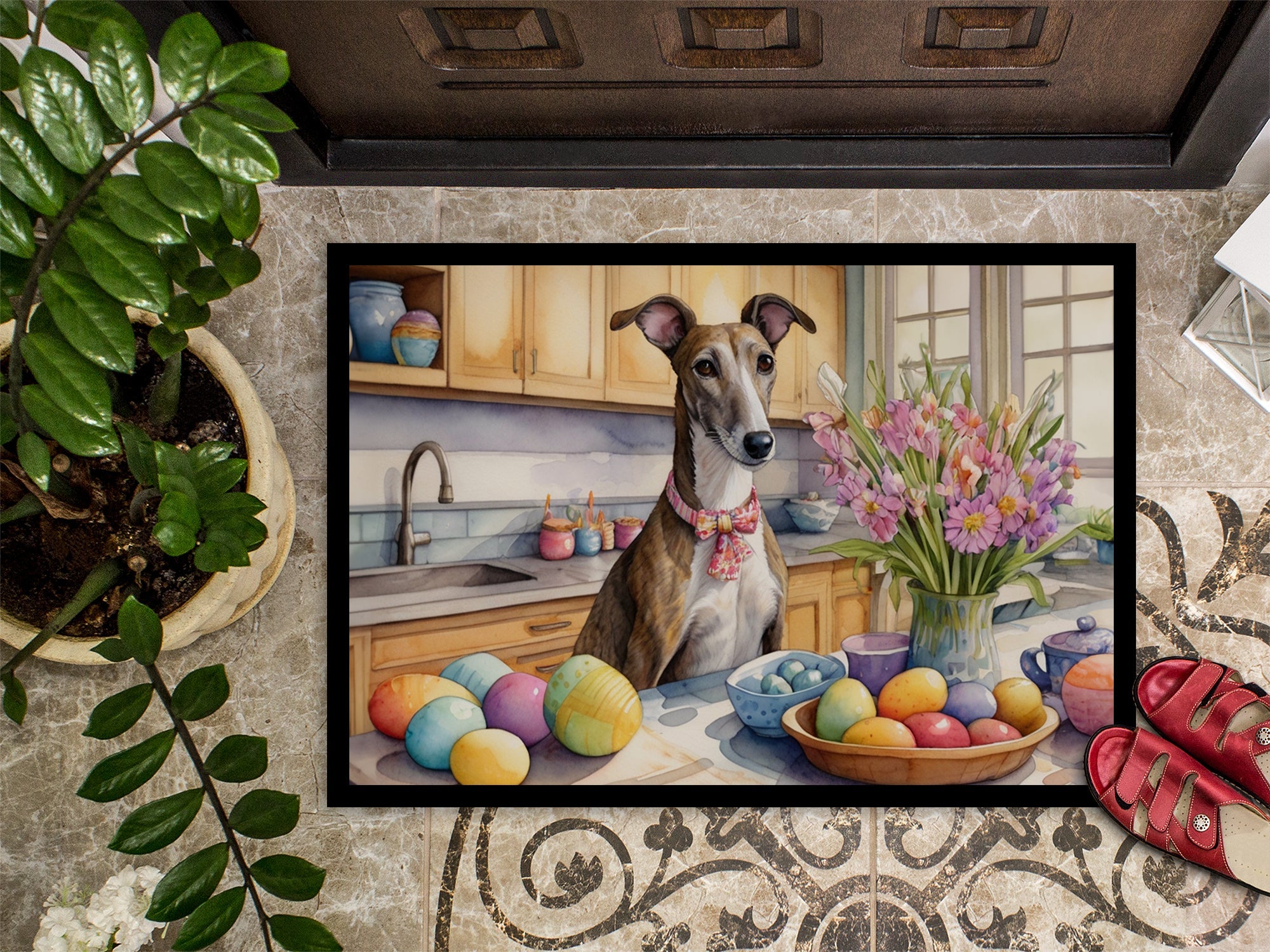Decorating Easter Greyhound Doormat Indoor Outdoor 18H X 27W Front Door Mat Rugs for Entryway, Non Slip Washable