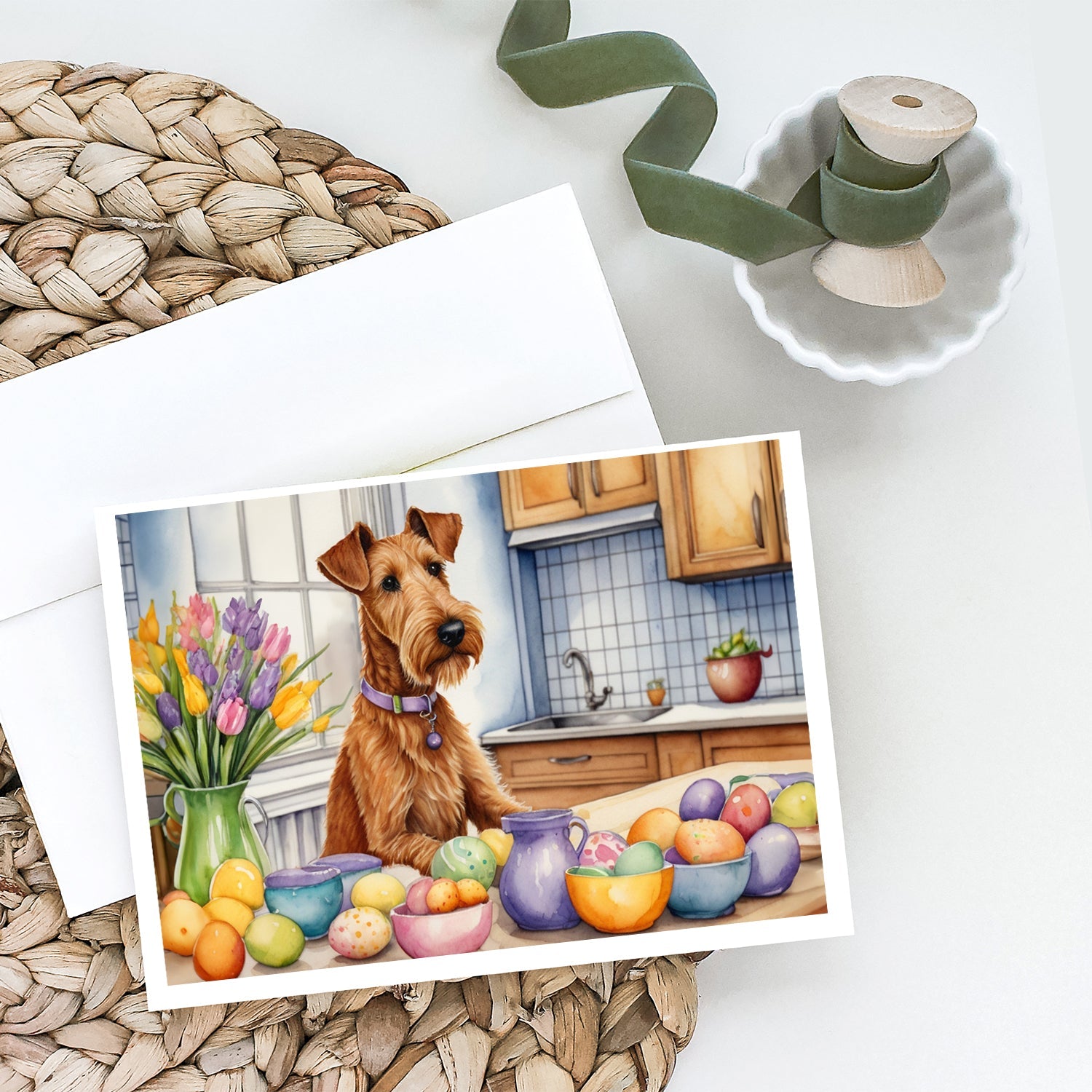 Decorating Easter Irish Terrier Greeting Cards Pack of 8 Blank Cards with Envelopes Whimsical A7 Size 5x7