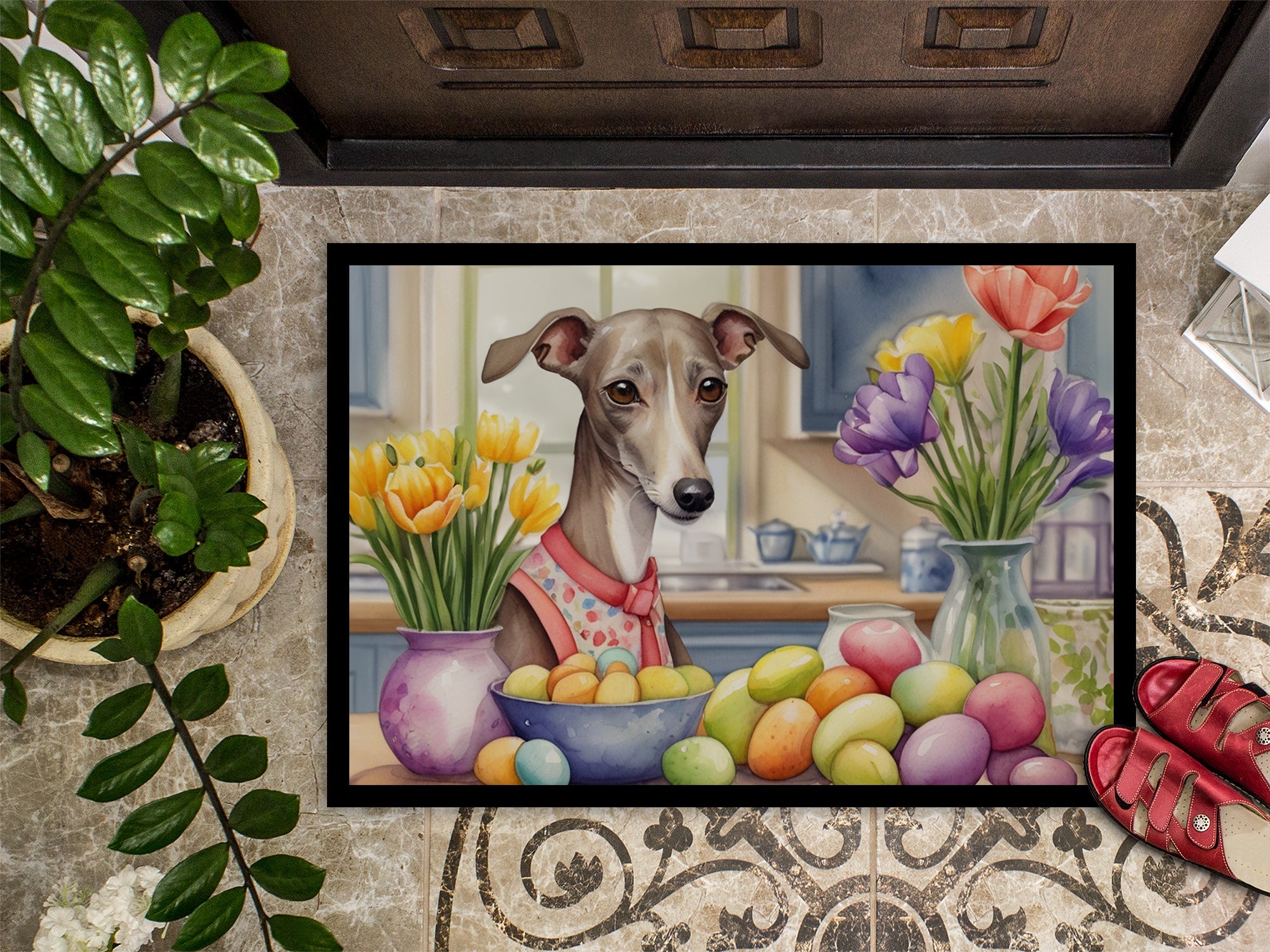 Decorating Easter Italian Greyhound Doormat Indoor Outdoor 24H X 36W Front Door Mat Rugs for Entryway, Non Slip Washable Low Pile,