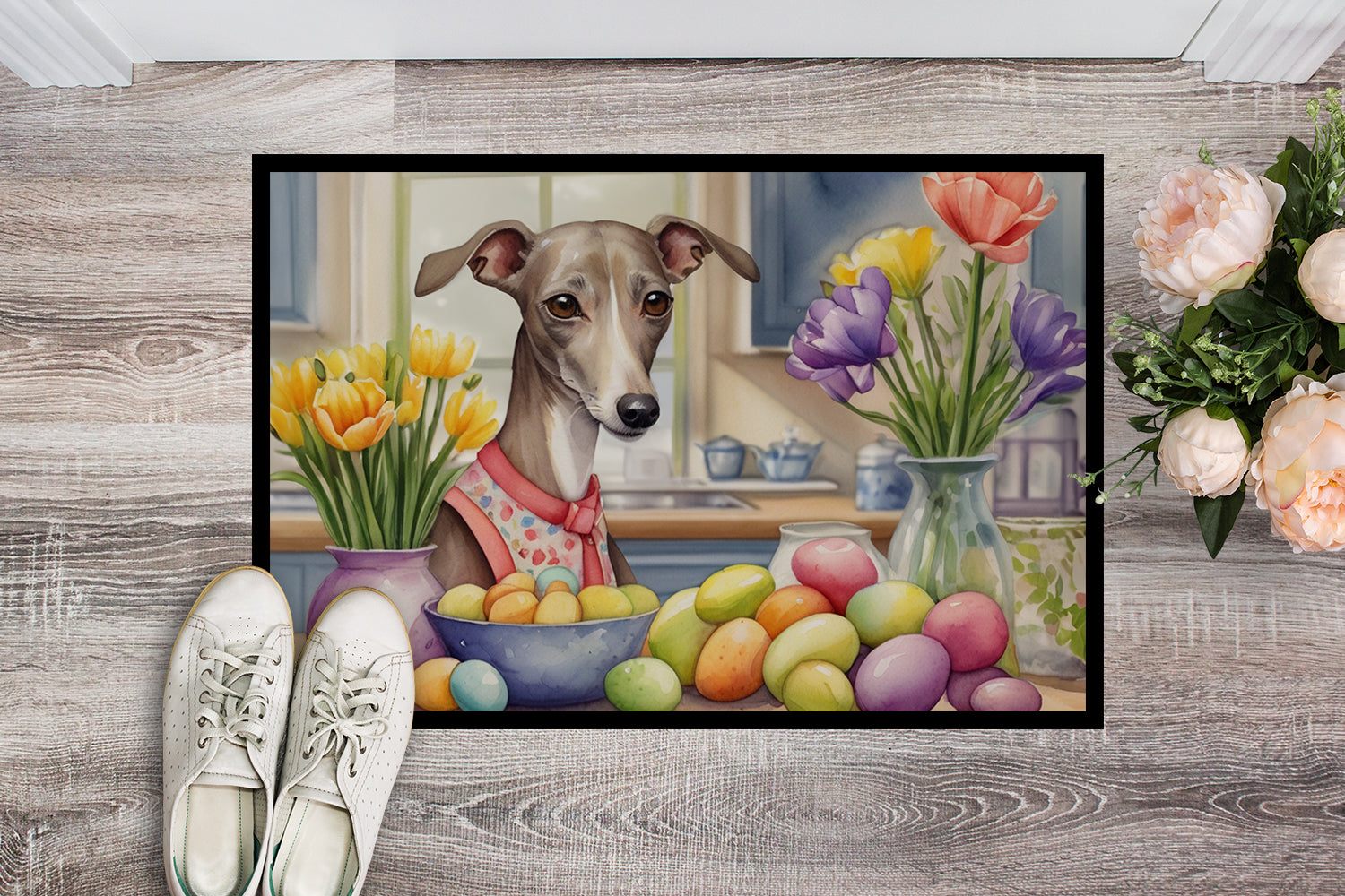 Decorating Easter Italian Greyhound Doormat Indoor Outdoor 18H X 27W Front Door Mat Rugs for Entryway, Non Slip Washable