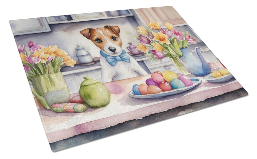 Decorating Easter Jack Russell Terrier Cutting Board Tempered Glass Kitchen Cutting Surface, Heat Resistant Chopping, Non-Slip Feet, Food Prep & Serving