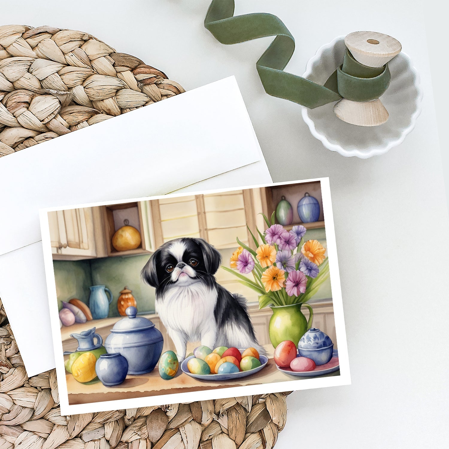 Decorating Easter Japanese Chin Greeting Cards Pack of 8 Blank Cards with Envelopes Whimsical A7 Size 5x7