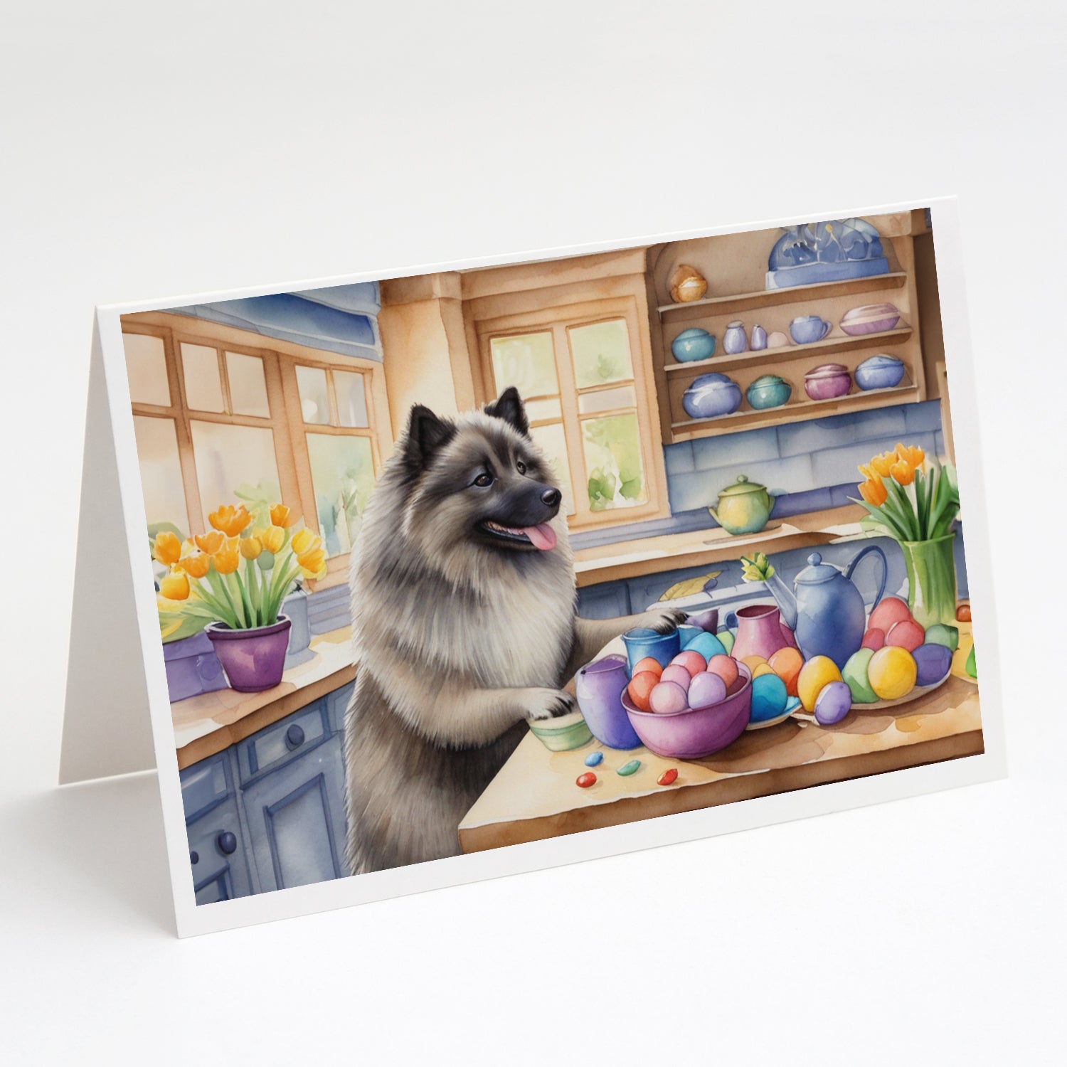 Decorating Easter Keeshond Greeting Cards Pack of 8 Blank Cards with Envelopes Whimsical A7 Size 5x7