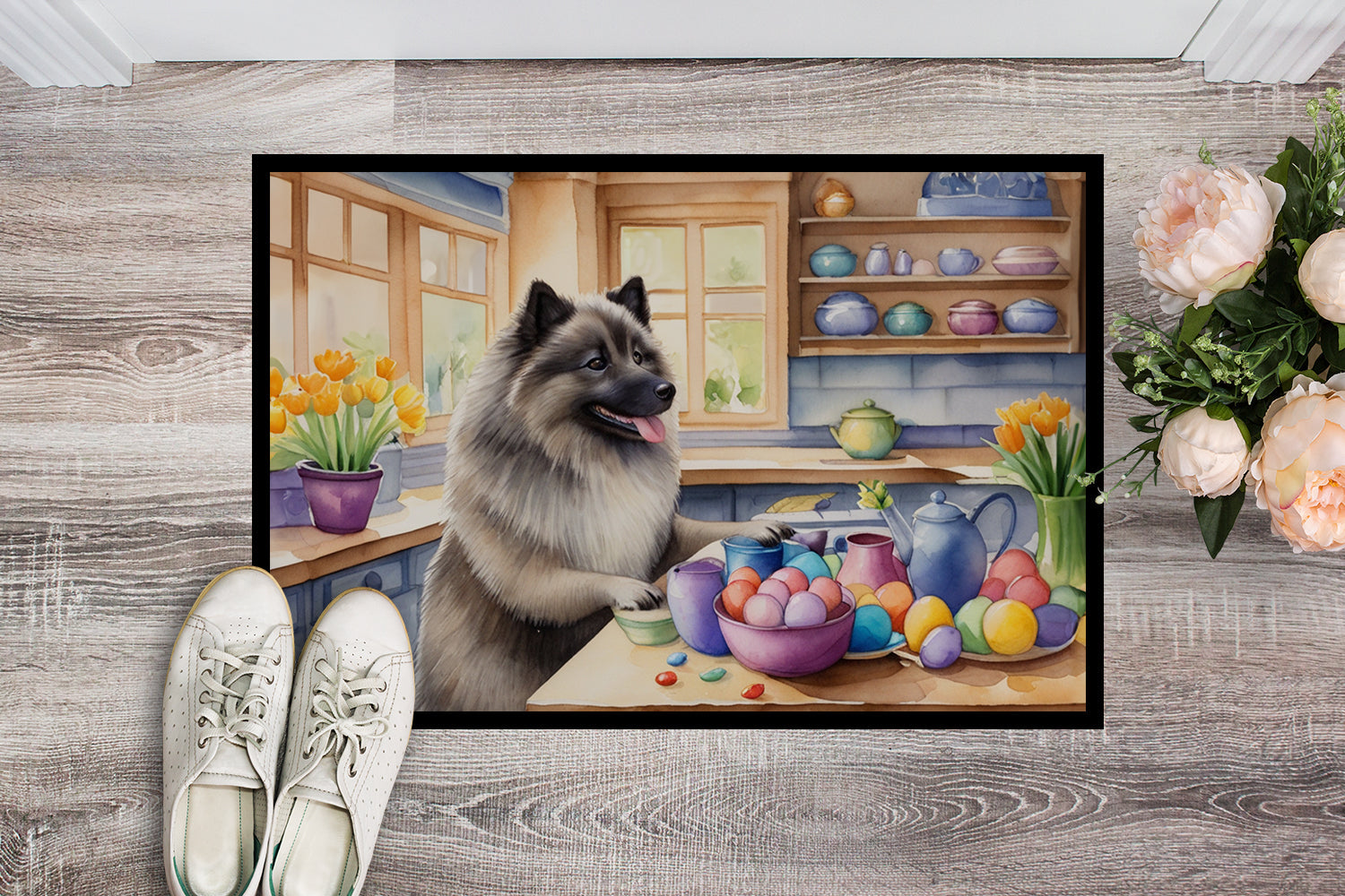 Decorating Easter Keeshond Doormat Indoor Outdoor 24H X 36W Front Door Mat Rugs for Entryway, Non Slip Washable Low Pile,