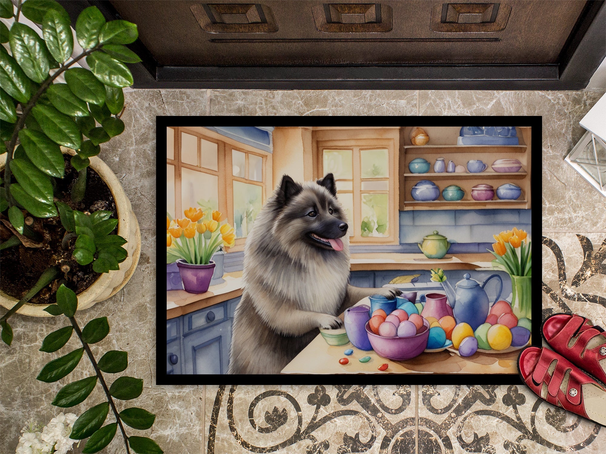 Decorating Easter Keeshond Doormat Indoor Outdoor 24H X 36W Front Door Mat Rugs for Entryway, Non Slip Washable Low Pile,