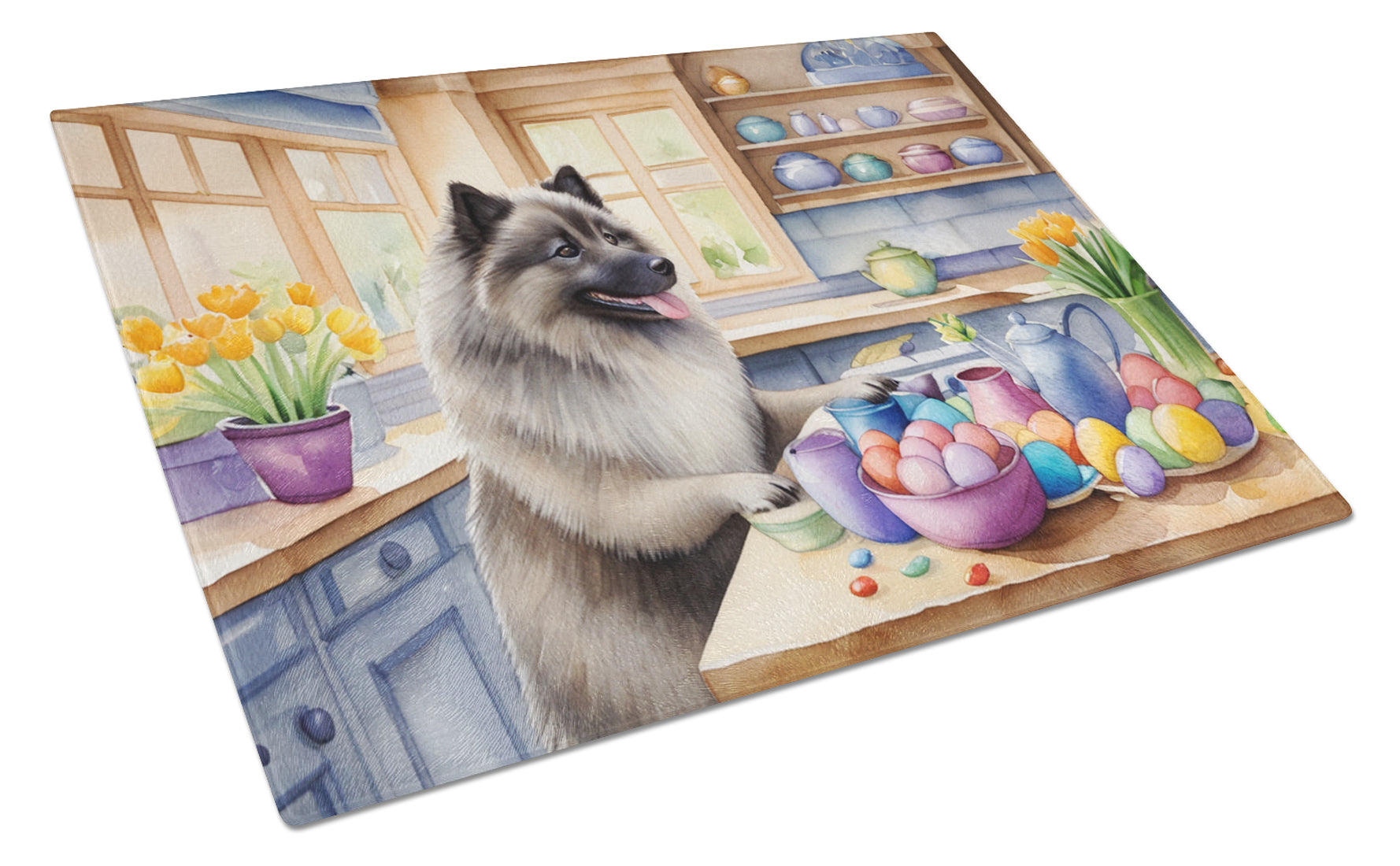 Decorating Easter Keeshond Cutting Board Tempered Glass Kitchen Cutting Surface, Heat Resistant Chopping, Non-Slip Feet, Food Prep & Serving