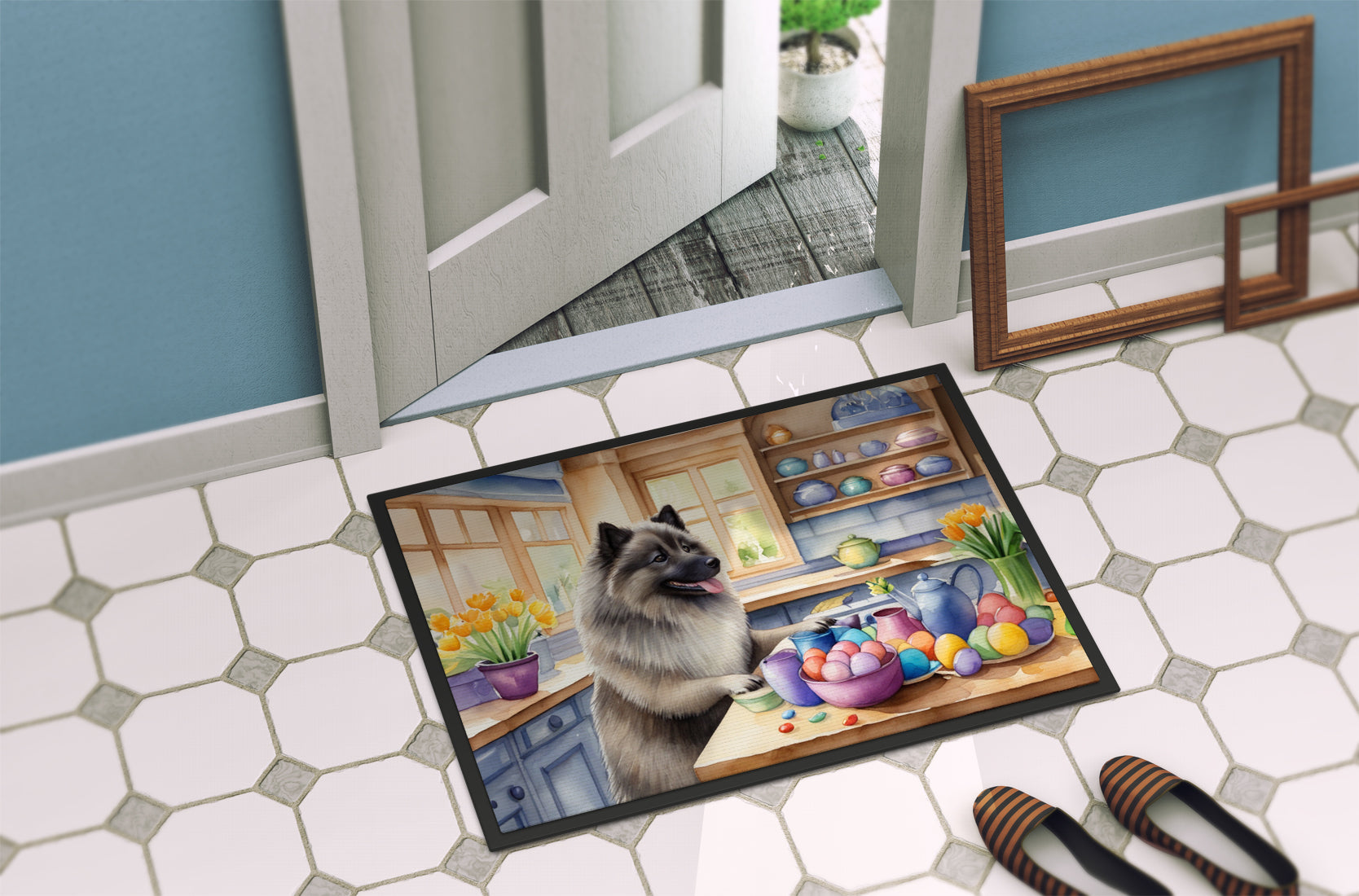 Decorating Easter Keeshond Doormat Indoor Outdoor 18H X 27W Front Door Mat Rugs for Entryway, Non Slip Washable