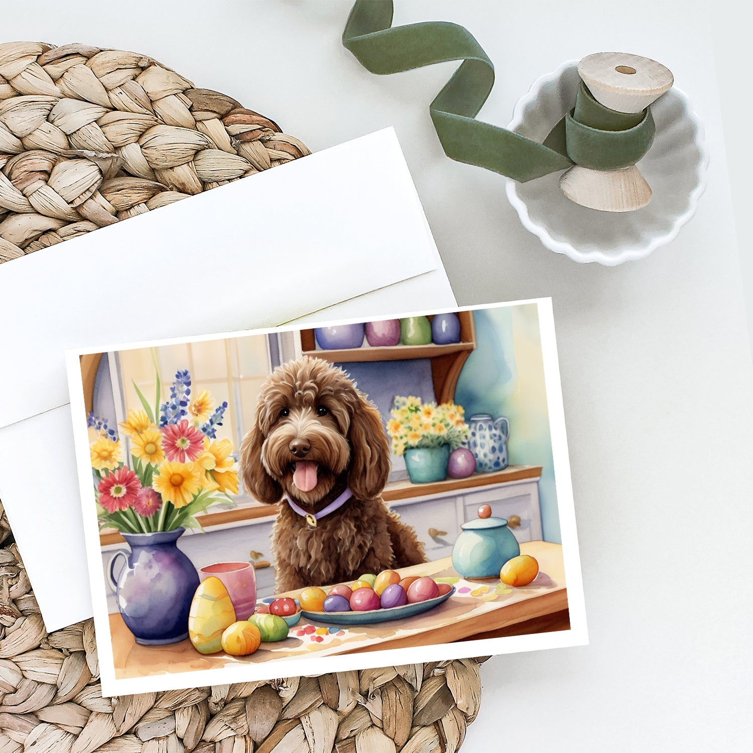 Decorating Easter Labradoodle Greeting Cards Pack of 8 Blank Cards with Envelopes Whimsical A7 Size 5x7