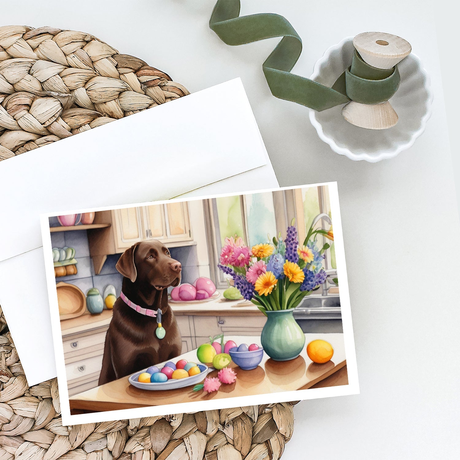 Decorating Easter Chocolate Labrador Retriever Greeting Cards Pack of 8 Blank Cards with Envelopes Whimsical A7 Size 5x7