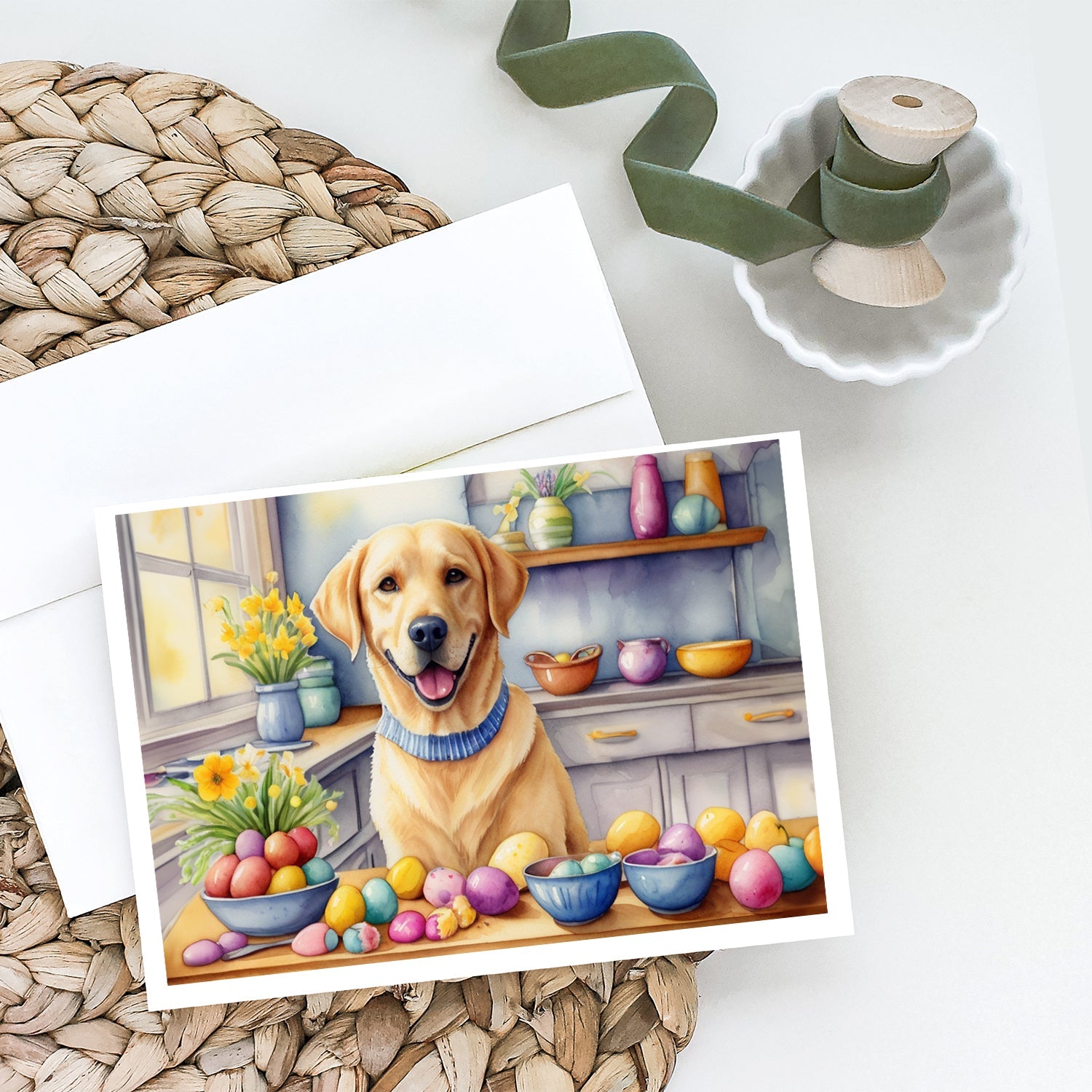Decorating Easter Yellow Labrador Retriever Greeting Cards Pack of 8 Blank Cards with Envelopes Whimsical A7 Size 5x7