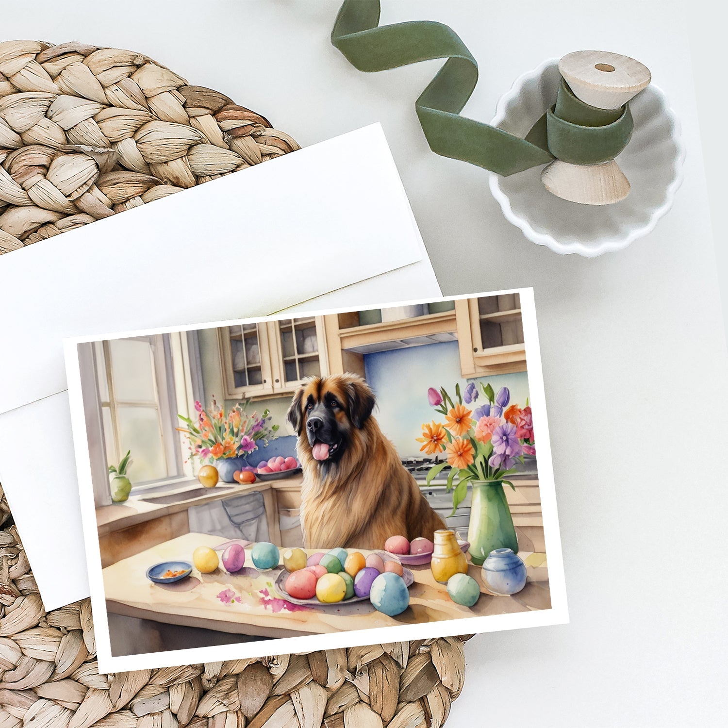 Decorating Easter Leonberger Greeting Cards Pack of 8 Blank Cards with Envelopes Whimsical A7 Size 5x7
