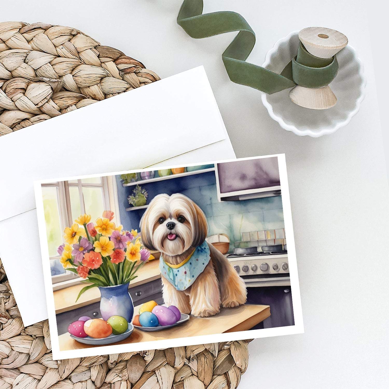 Decorating Easter Lhasa Apso Greeting Cards Pack of 8 Blank Cards with Envelopes Whimsical A7 Size 5x7