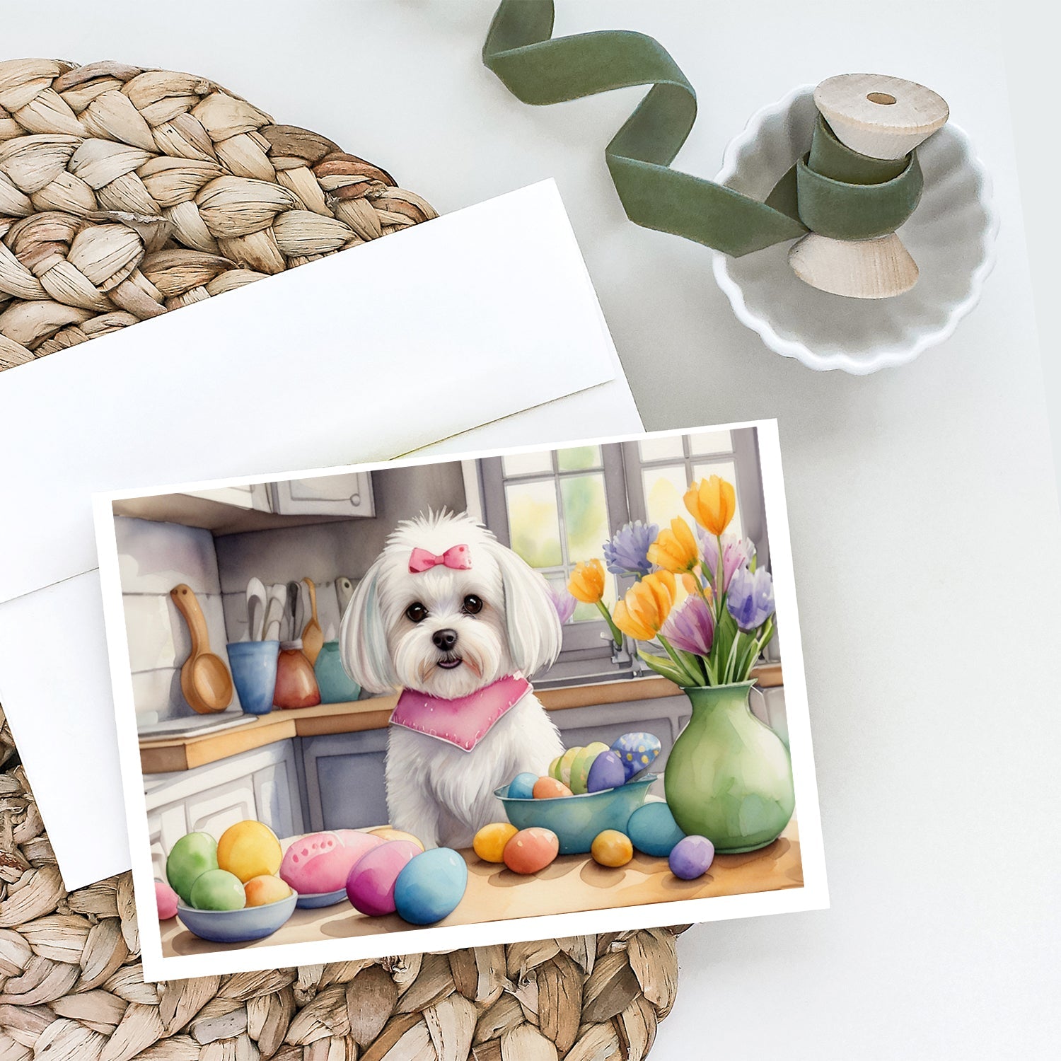 Decorating Easter Maltese Greeting Cards Pack of 8 Blank Cards with Envelopes Whimsical A7 Size 5x7