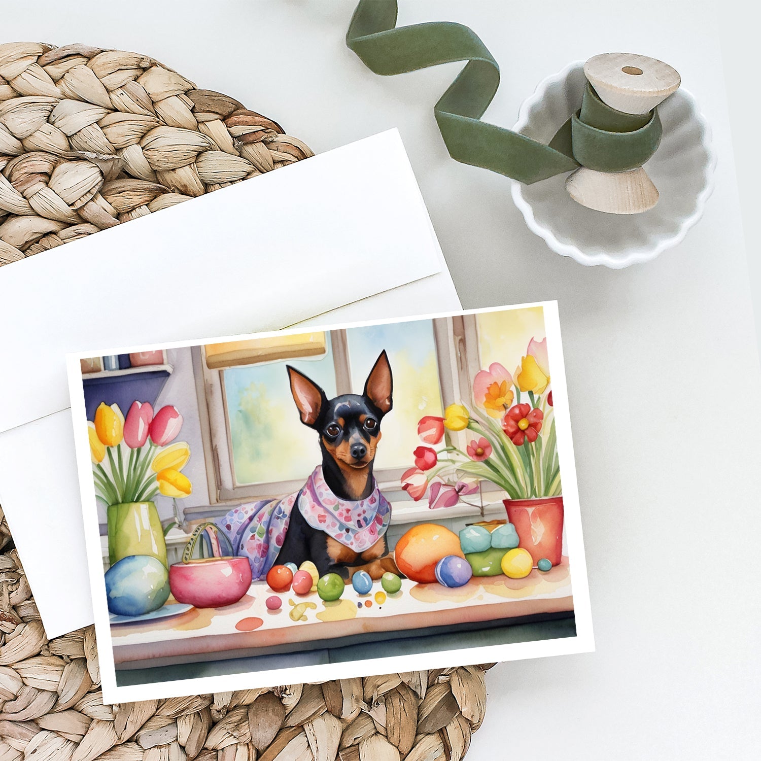 Decorating Easter Miniature Pinscher Greeting Cards Pack of 8 Blank Cards with Envelopes Whimsical A7 Size 5x7