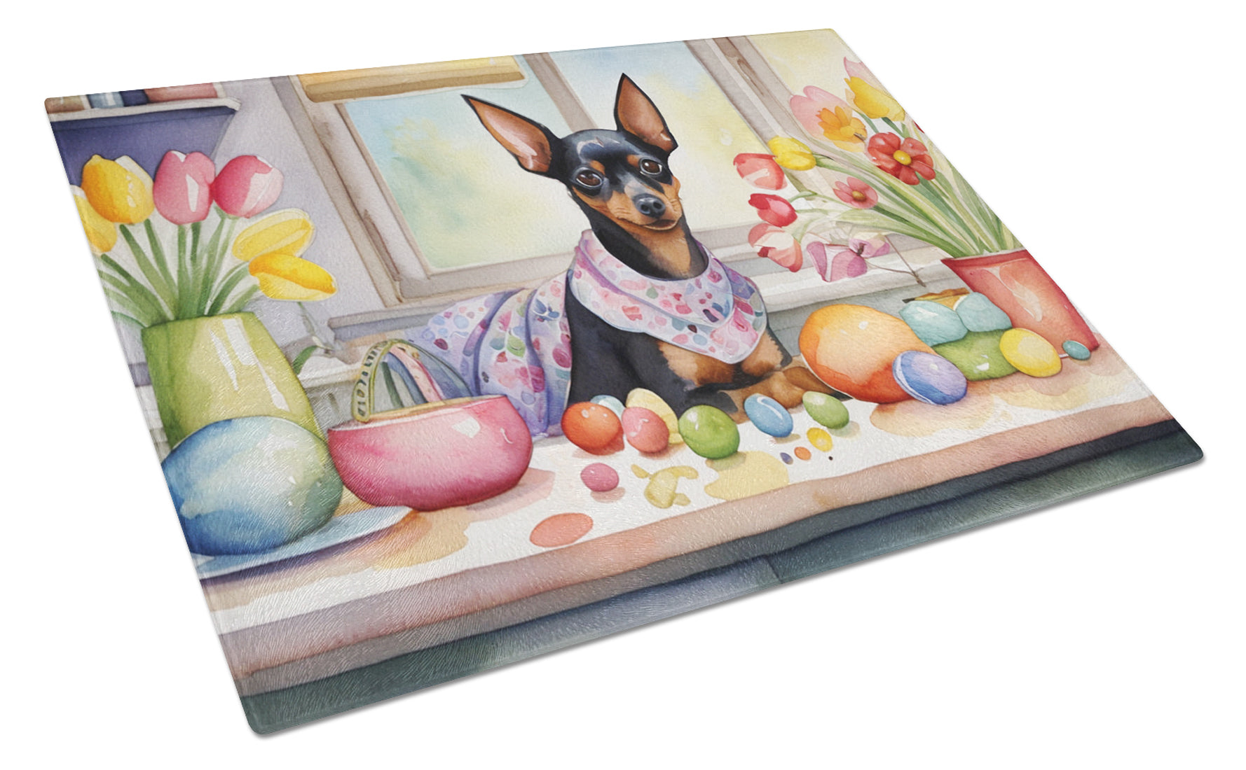 Decorating Easter Miniature Pinscher Cutting Board Tempered Glass Kitchen Cutting Surface, Heat Resistant Chopping, Non-Slip Feet, Food Prep & Serving