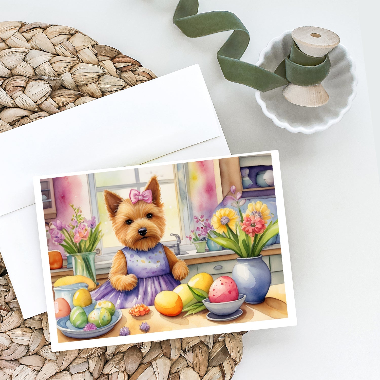 Decorating Easter Norwich Terrier Greeting Cards Pack of 8 Blank Cards with Envelopes Whimsical A7 Size 5x7
